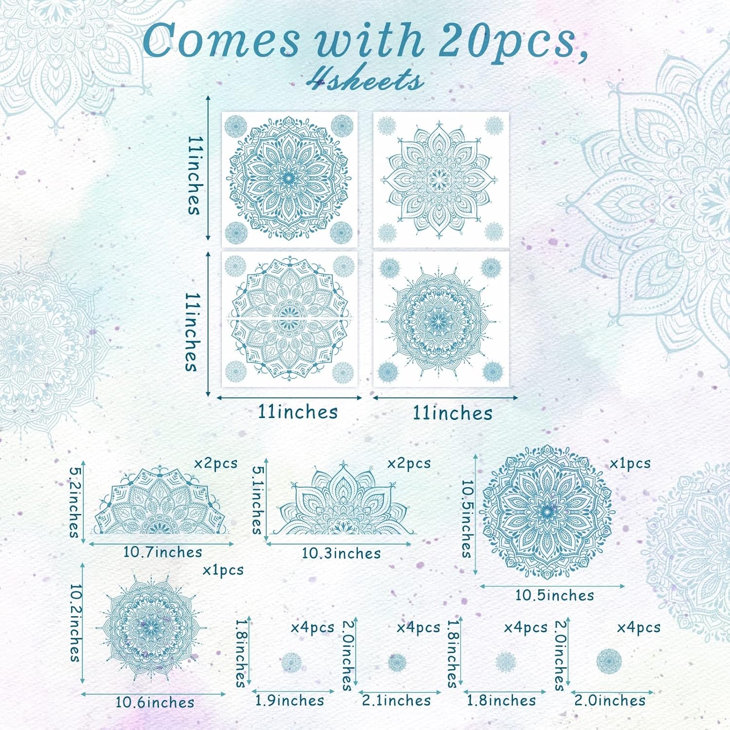 Kazova Light Blue Mandala Wall Stickers, Removable Mandala Art Decals Lotus Flower Boho Wall Decor for Yoga Room Meditation Space Bedroom Living Room, 4 Sheets 11 x 11 Inch