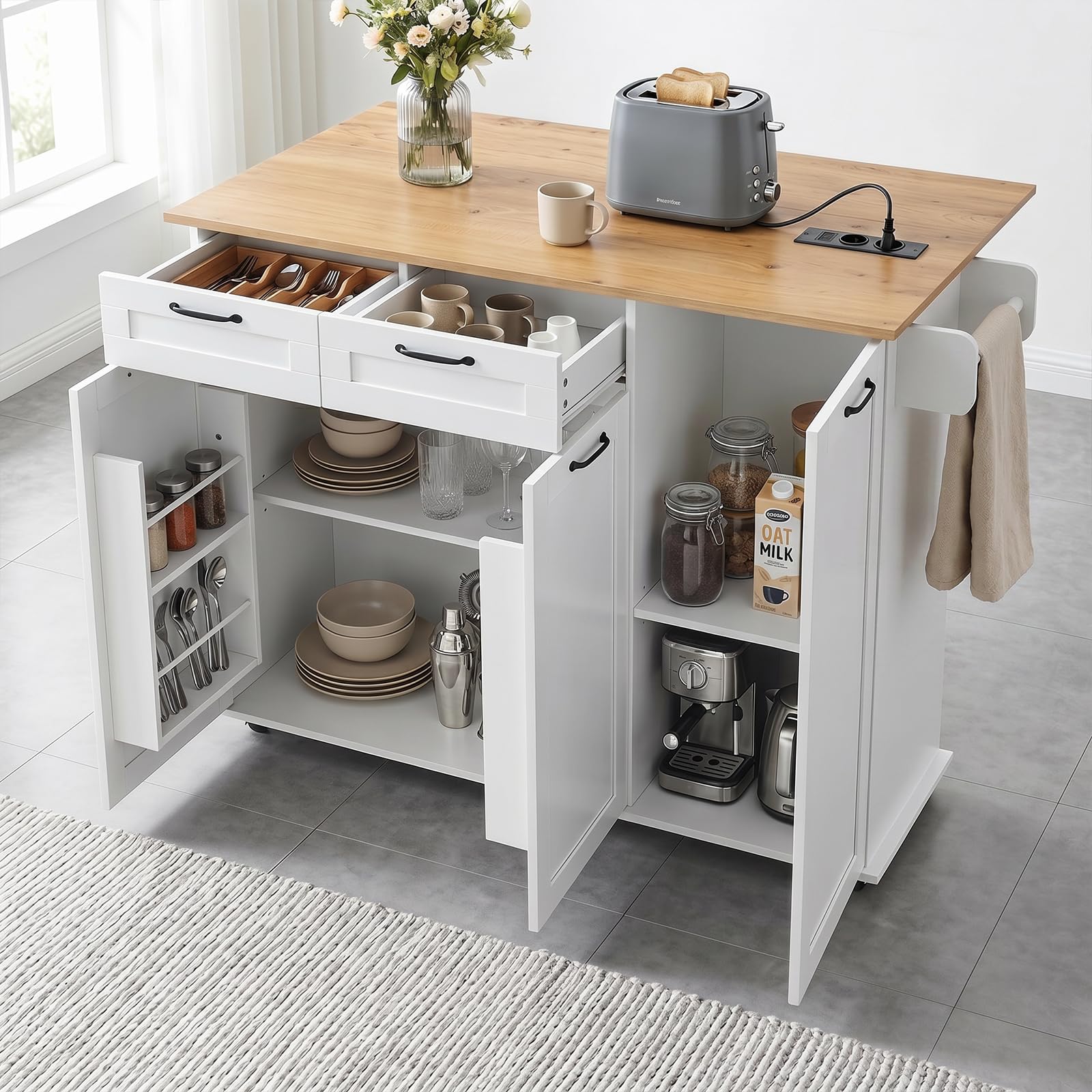 Îlot Central, Desserte Îlot de Cuisine sur roulettes, avec 2 Prises et 2 Ports USB, 119,5 x 44–74 x 94 cm, pour Cuisine et Salle à Manger, Blanc