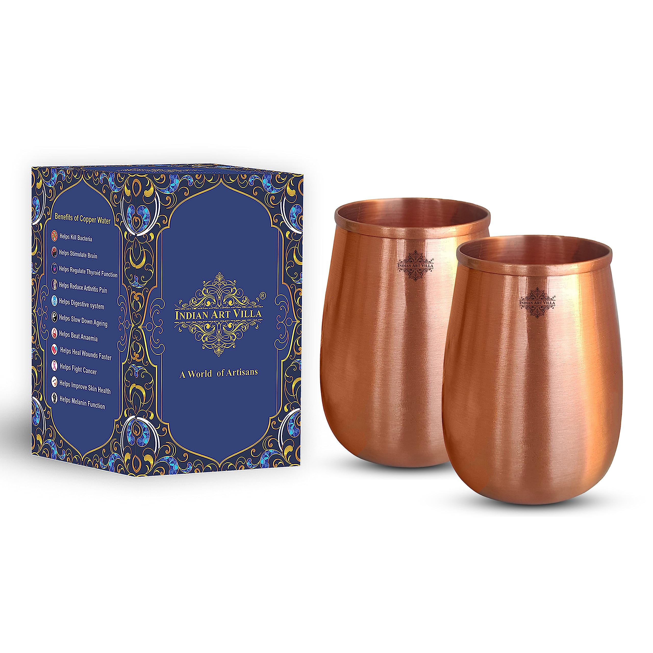 INDIAN ART VILLA Pure Copper Lacqure Coted Round Shaped Glass, Drinkware & Tableware, Volume- 355 ML, Pack of 2