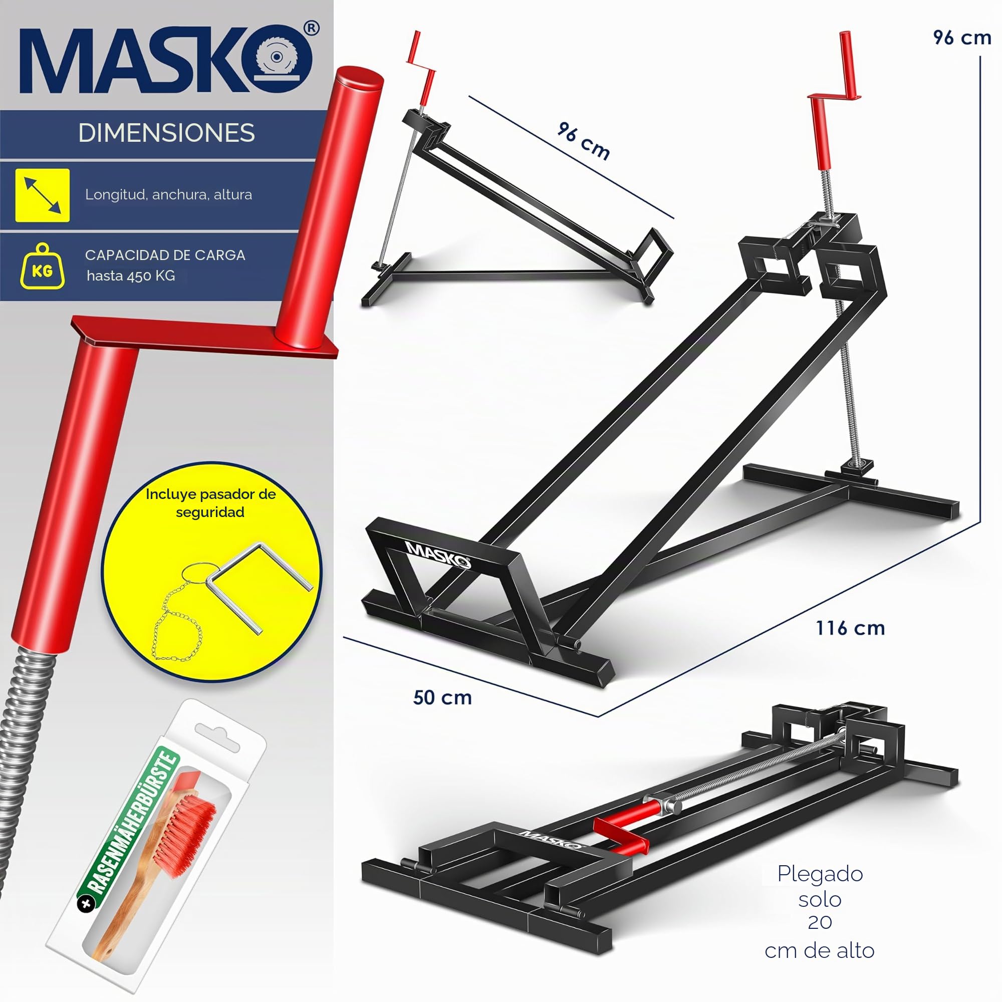 MASKO® Elevador para Tractores de Césped XXL 400 kg Plataforma Elevadora Levantador Cortacésped de Asiento Ayuda para Limpieza Universal +45° de Inclinación Ajustable Incluye Guantes de Trabajo Negro