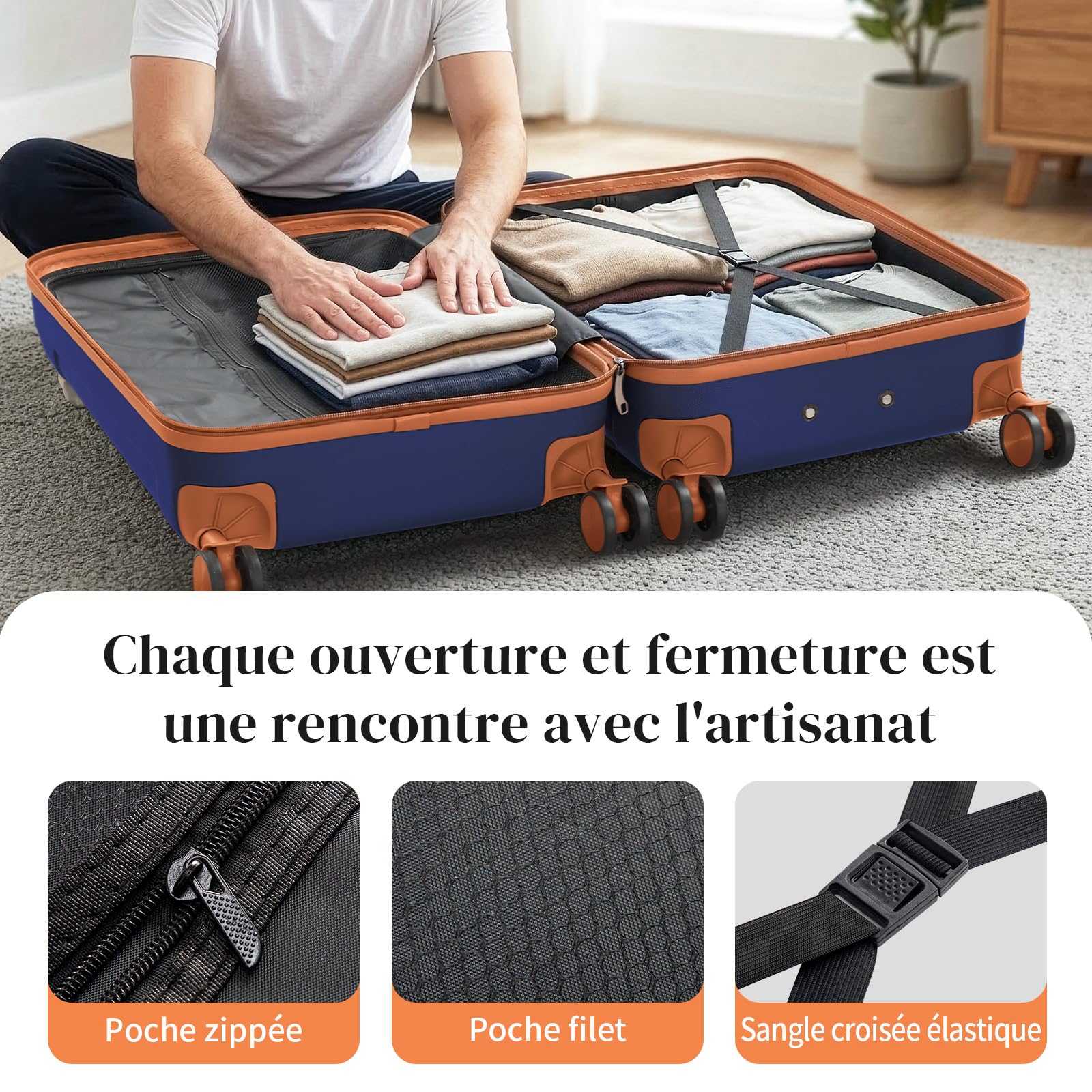 LEADZM Valise Cabine Rigide en ABS Léger, Bagage Cabine 55x35x25, Valise Soute Suitcase de Voyage avec 4 roulettes Spinner (Marine-Brun, M/55cm)