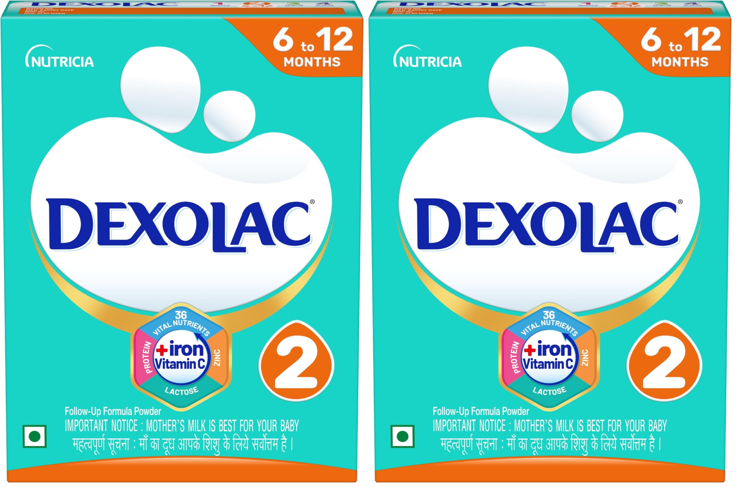 dexolac follow up infant formula milk powder for babies - stage 2 (6 to 12 months) - with 36 vital nutrients - 400gms - bib pack (pack of 2)