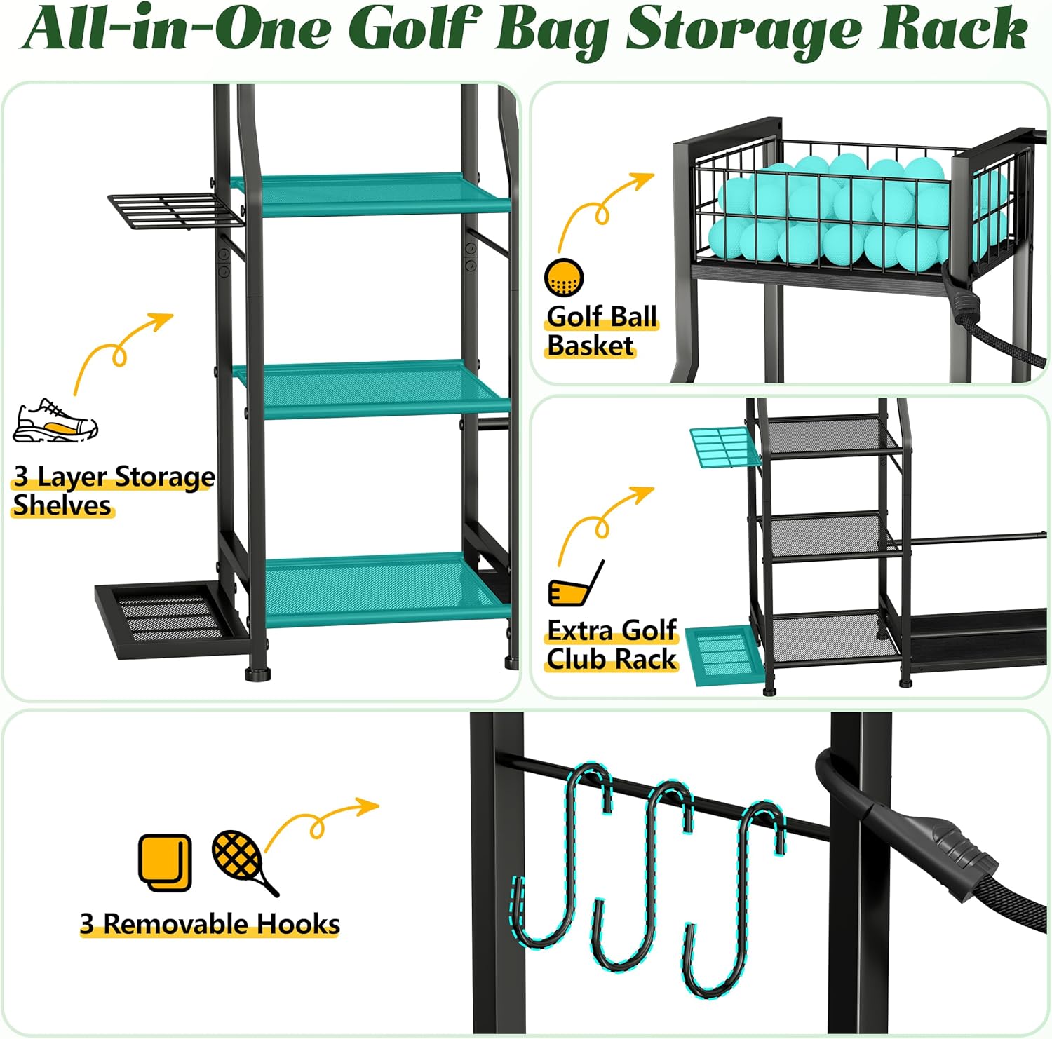 Golf Bag Storage Organizer for Golf Accessories, Golf Bag Stand with Extra Storage Rack for Golf Clubs & Golf Essentials, Golf Bag Holder for Garage Organization Fits 2 Bags, Metal & Wood Construction
