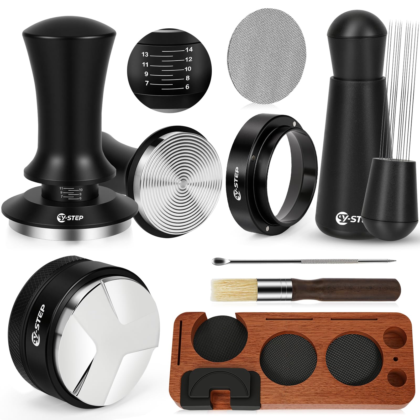 Y-Step Espresso Zubehör 8er Set, Kaffee Tamper 51mm mit Tamperstation, Coffee Leveler, WDT Tool, Dosierring, Reinigungsbürste, Puck Screen, Rührer, für Espressomaschine