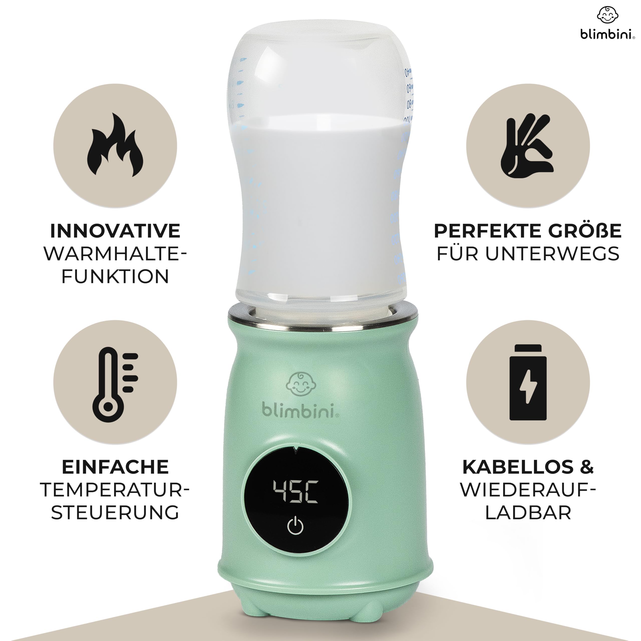 Pro+ Flaschenwärmer Baby unterwegs mit genauer Temperatursteuerung & USB-C - akkubetriebener, tragbarer Flaschenwärmer to go - Baby Bottle Warmer portable - Babyflaschen Wärmer unterwegs