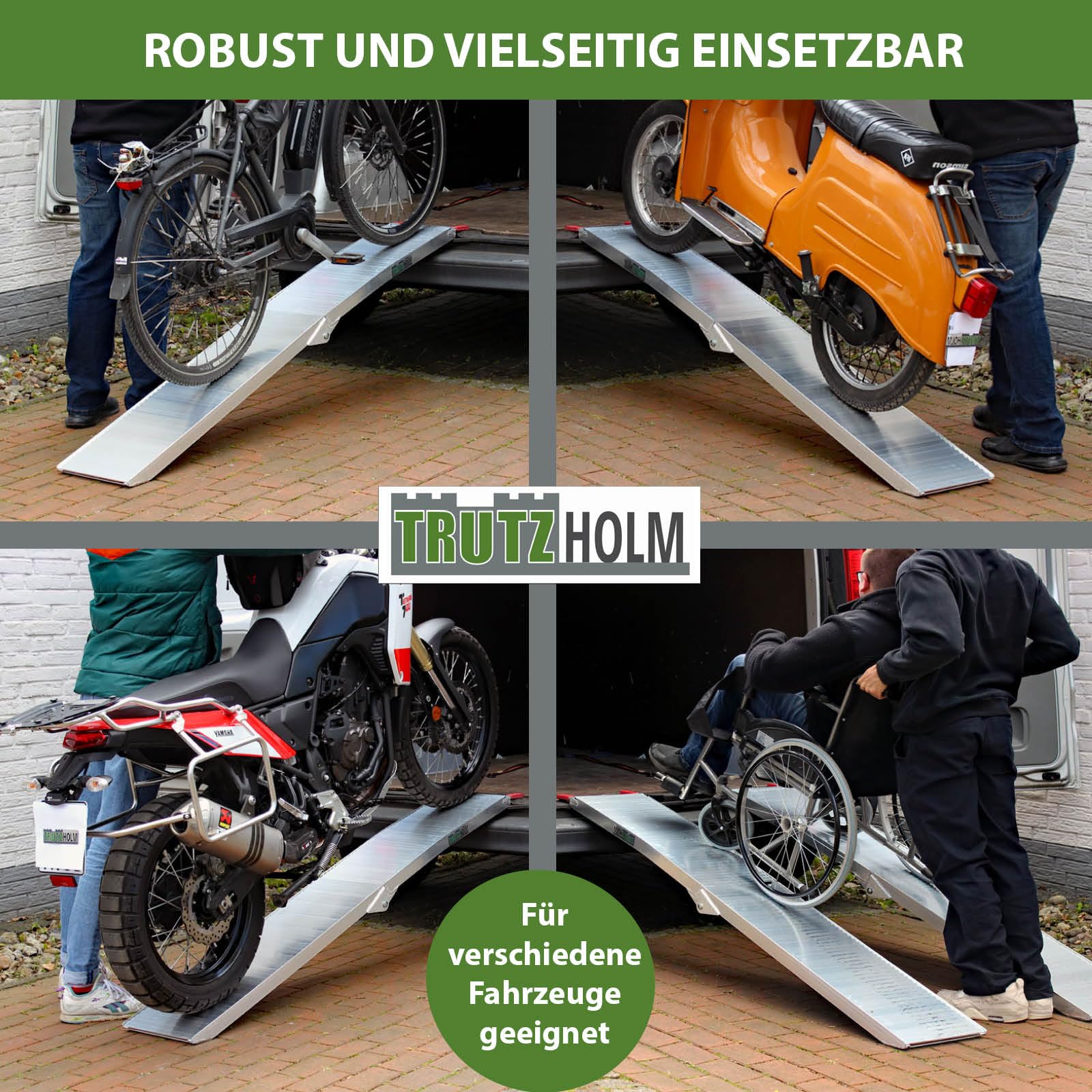 TRUTZHOLM Auffahrrampe Alu klappbar 205 cm 340 kg Traglast rutschfeste Lauffläche Breite 28 cm Faltbare Motorradrampe extra leicht Verladerampe mit Stabiler Konstruktion inkl. Spanngurt