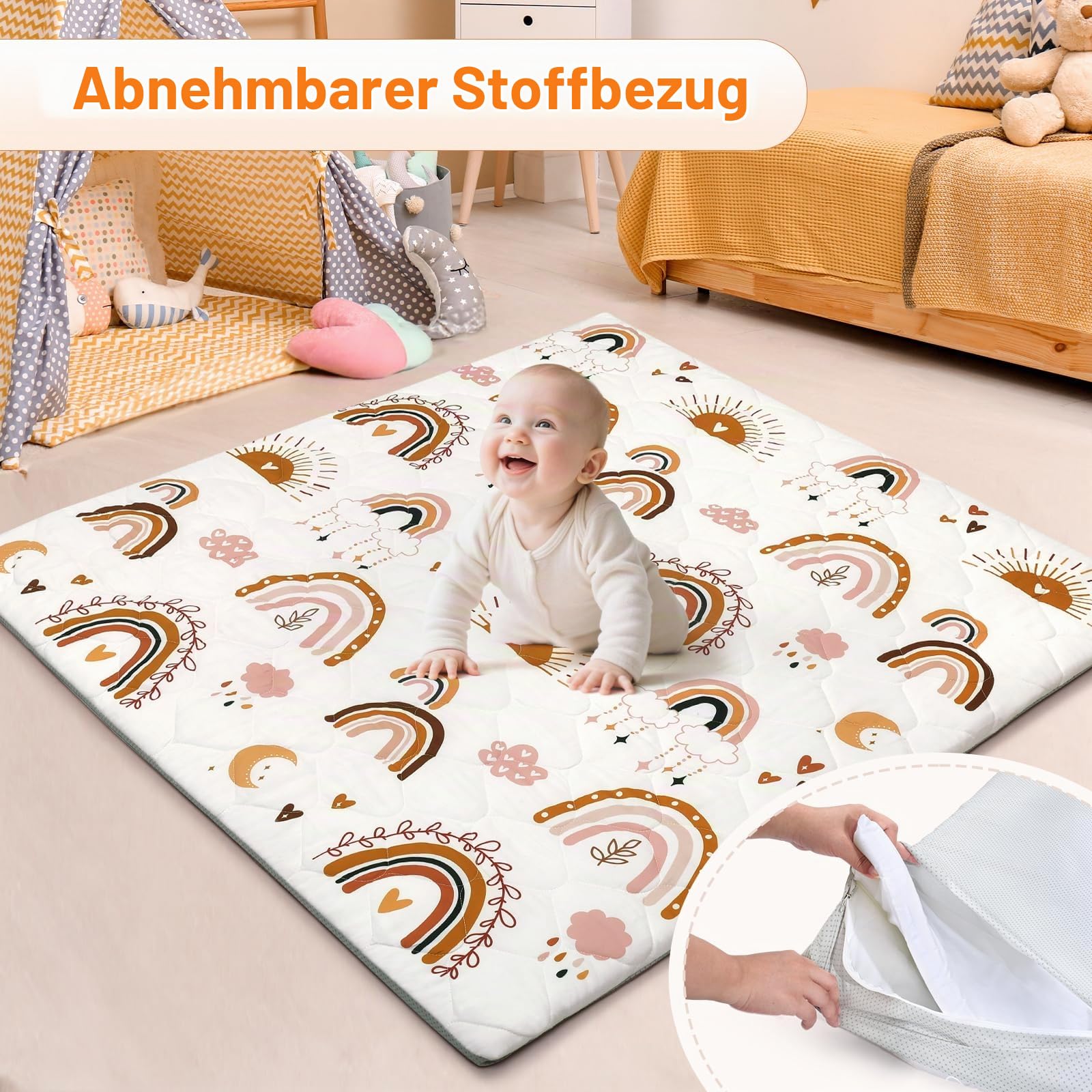 decalsweet Spielmatte Baby 127×127cm mit Rutschfest, Extra Dicke 2cm Weiche Abtrennbar Krabbelmatte Baby, Faltbar Krabbeldecke für Baby Krabbelteppich für Kinderzimmer Indoor Outoor Zaun (Regenbogen)