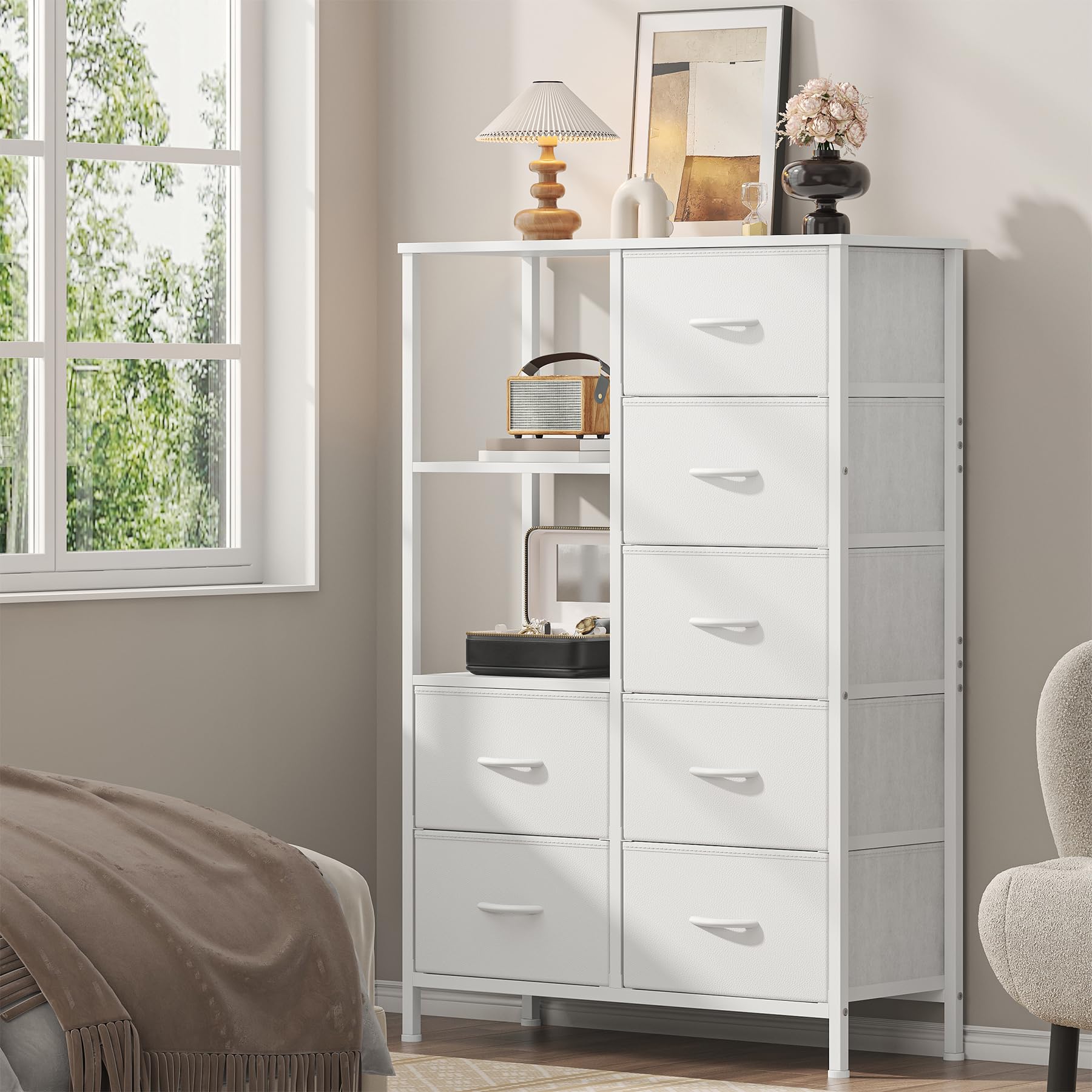 Chest of Drawers Bedroom Tall Storage Cabinet Unit Dresser Bedroom Furniture Cupboards for Living Room - Metal Frame, 7 Large Fabric Drawer, 2 Open Shelves, 1 Spacious Top Surface, 116*80*30cm (White)