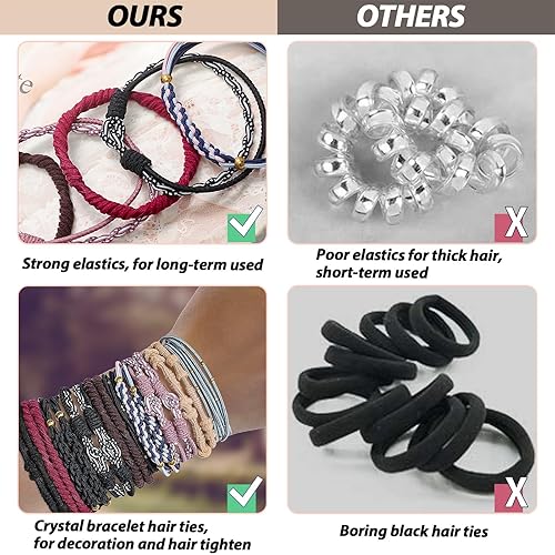 Miniatura 3 de Lazos para el cabello boho para niñas, 20 pulseras de liga para el cabello, bandas elásticas para el cabello, bandas para el cabello para colas de