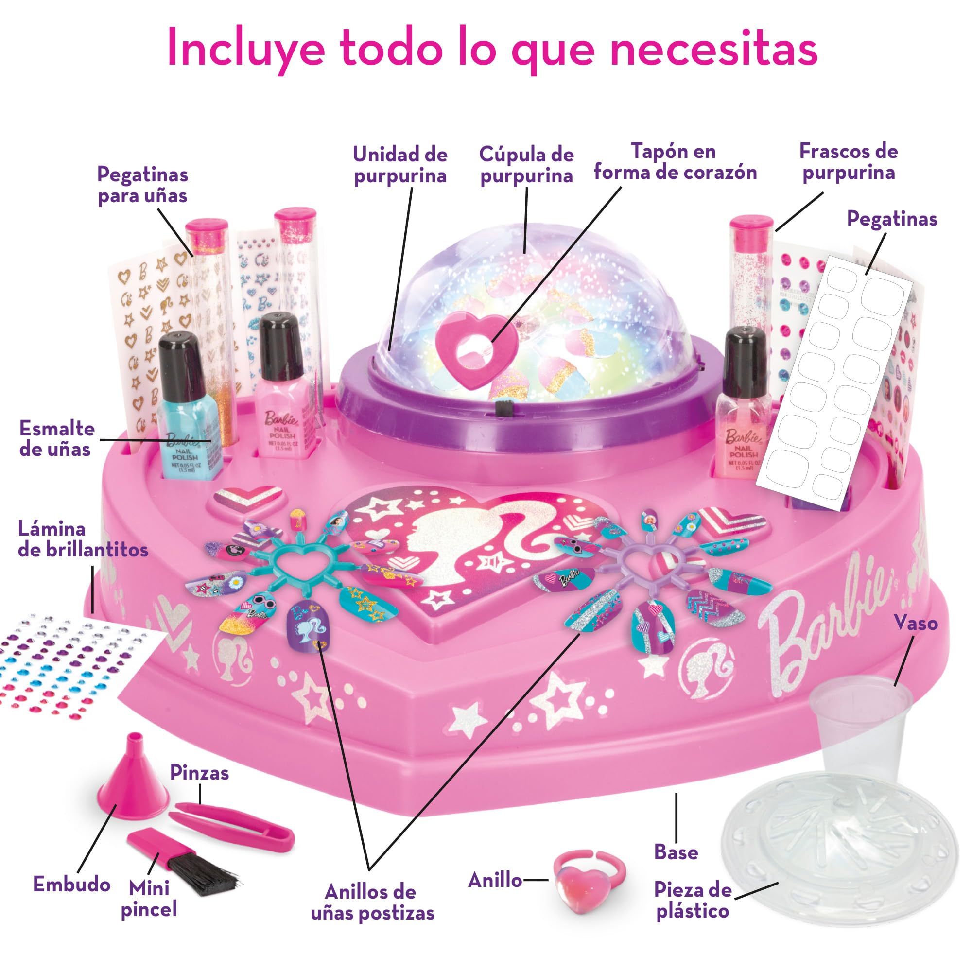 Colorbaby Barbie - Juego manicura niñas con Pegatinas, brillantitos, uñas postizas, Purpurina, esmaltes y Utensilios, con cúpula de Purpurina, Set pintauñas, para niña de 8 años, 48427