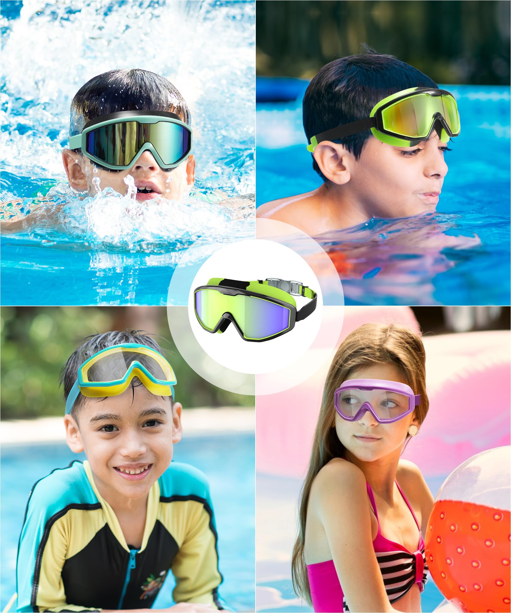 NSSIW Gafas de natación para niños: antivaho, sin fugas, con clip para la nariz, tapones para los oídos para niñas, niños y jóvenes, 6-14, paquete de 3