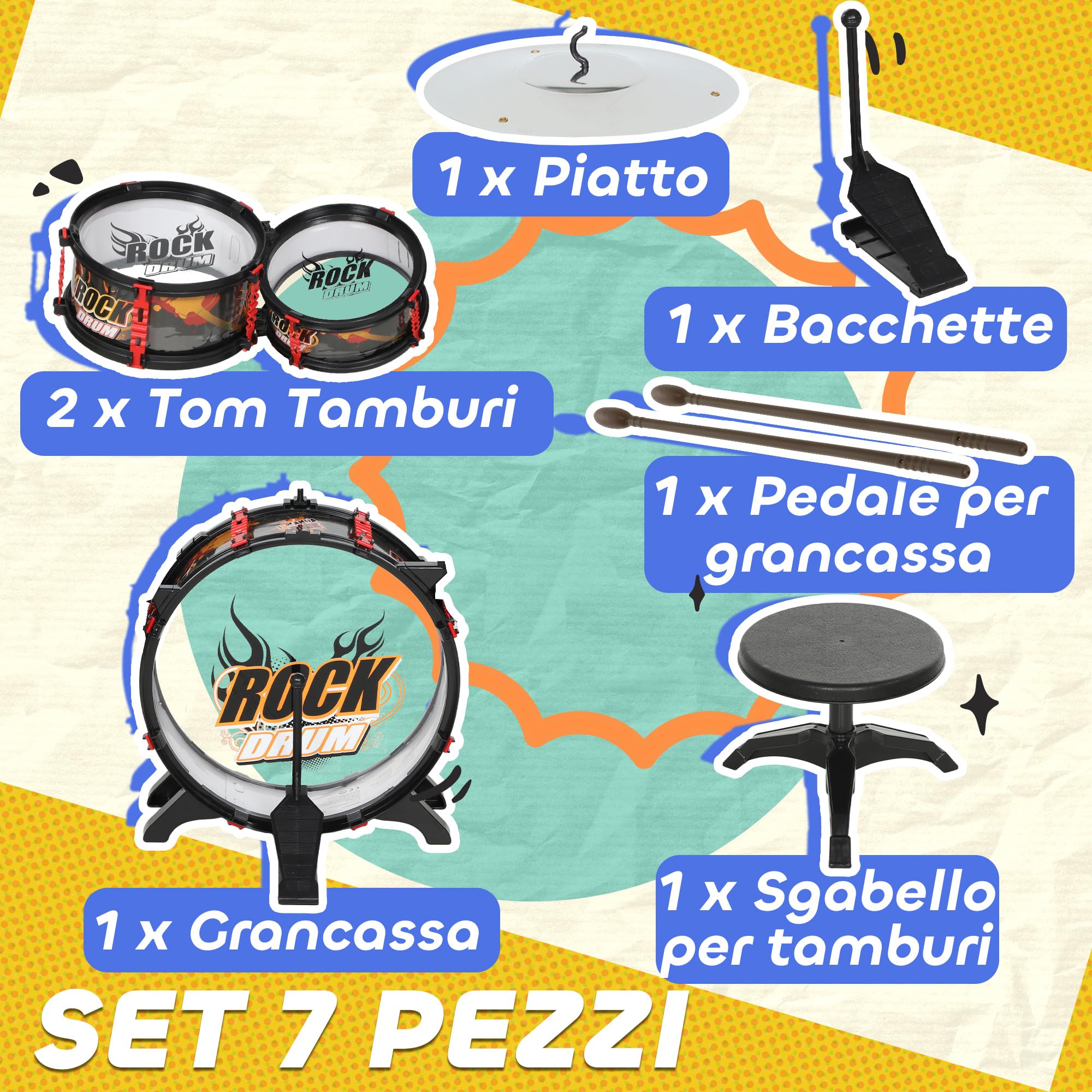 AIYAPLAY Set Batteria Giocattolo per Bambini con Sgabello da 3-6 Anni Nero | Gioco Musicale per Bambini, Tamburi, Grancassa, Piatti e Bacchette
