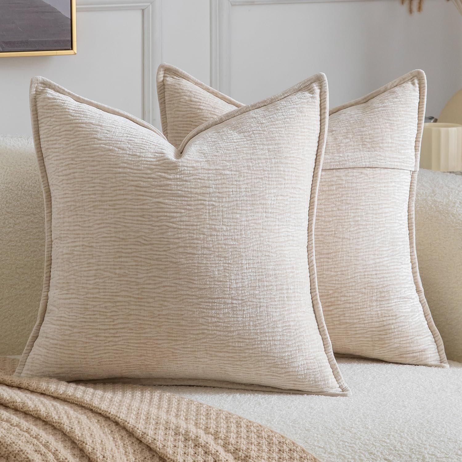 Madizz Pack of 2 Decorative Cushion Covers Soft Chenille Throw Pillows Solid Textured Throw Pillow Covers for Couch Sofa Bedroom Living Room 40x40 CM, Beige — image 1