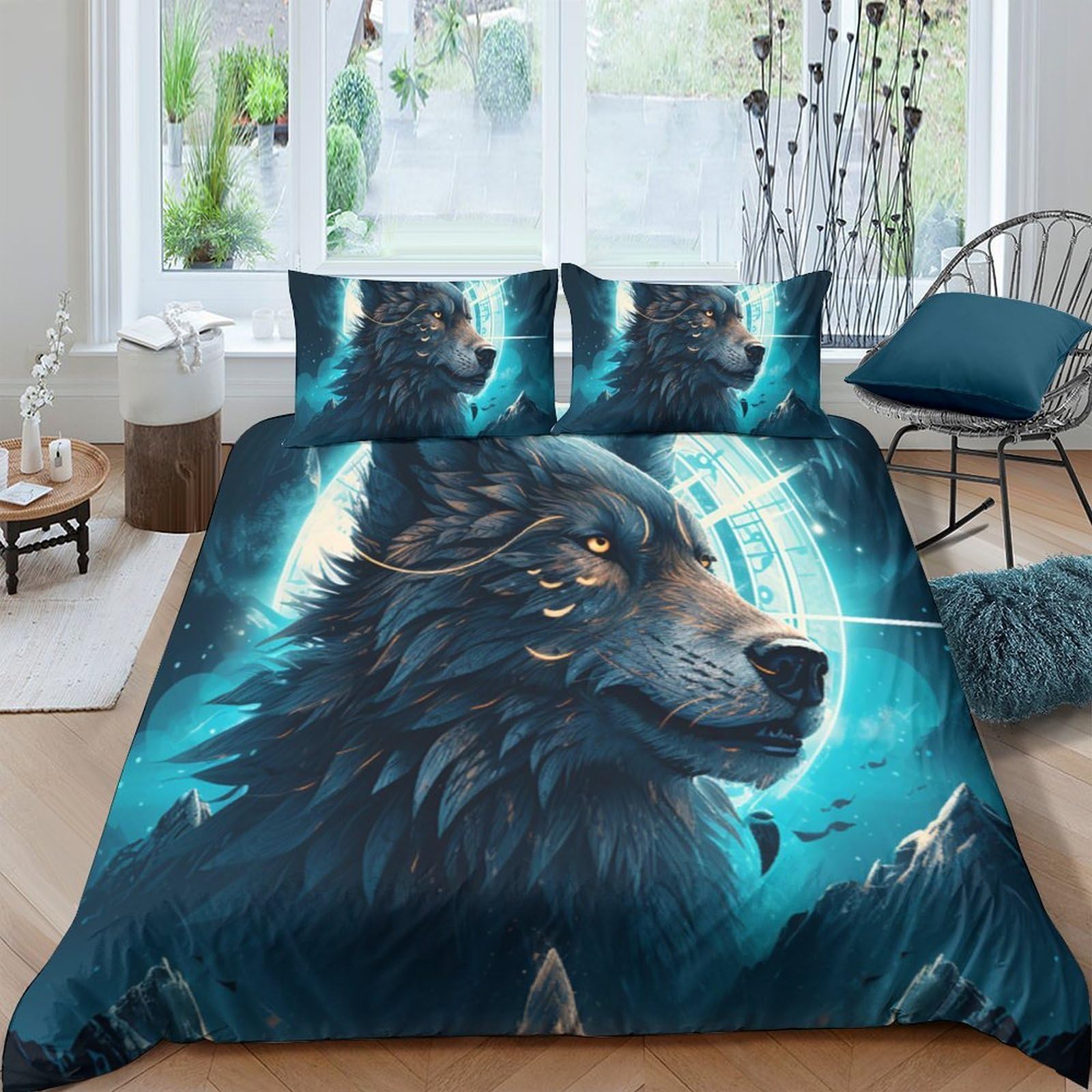 Ctjqhvkz Style-3 3D Printed Wolf Moon Fitted Sheet Microfiber Soft Breathable Forest Blue Mattress Cover Bedroom Decor Protection Single（135X200cm）