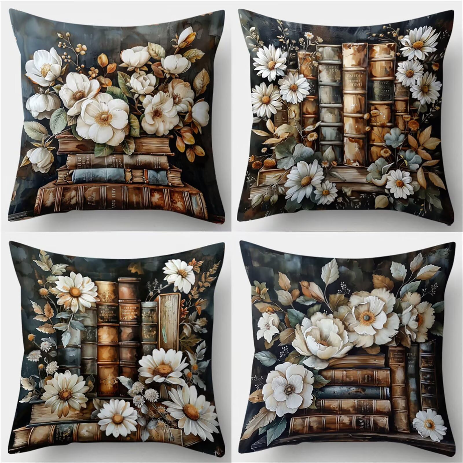 Funda de Cojines 45x45 cm, Juego de 4 Fundas Cojines Estampado Libros Margaritas Blancas, Doble Cara, Decorativa Funda Almohada Lino para Dormitorio, Oficina, Jardín y Sofá