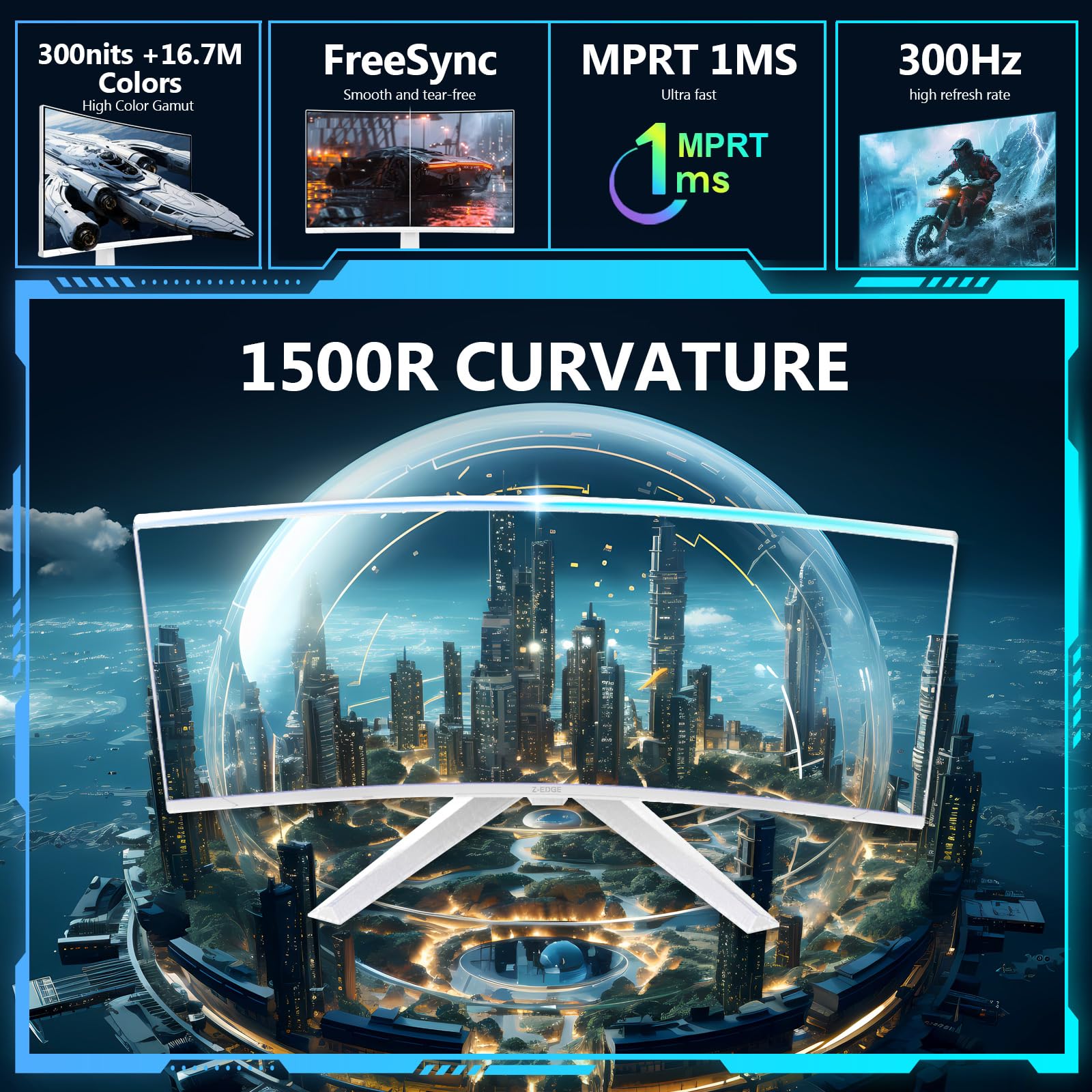 Z-Edge Biały Zakrzywiony Ekran do komputera gamingowego 27'' 280 Hz (DP), 240 Hz (HDMI), 1ms, FHD, FreeSync, Biały Monitor Gaming 16:9, Regulowane pochylenie, 2×HDMI2.0 & 2×DP1.2(Łącze HDMI dołączone)