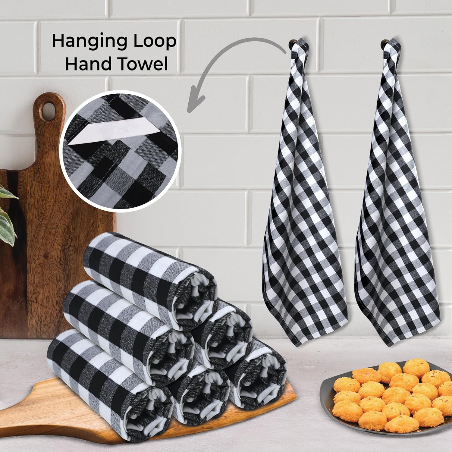 Urban Villa Kitchen Towels 100% Cotton Dish Towels for Kitchen (Set of 6) 20”x30” Dish Cloths Highly Absorbent Kitchen Linen Set with Hanging Loop Perfect for Drying Dishes Cleaning – Black White - Image 2