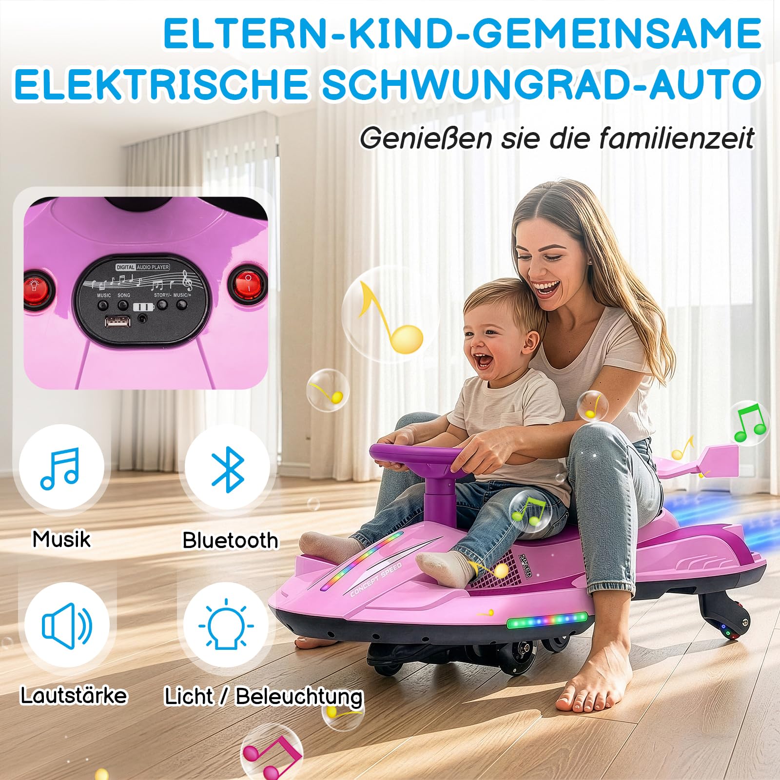 LALAHO Kinder Elektroauto, 2-in-1 Elektrisches Rutschauto mit Pedal,Wiggle Car mit Pedal,LED-Lichter,360° Lenkung,2 Geschwindigkeit Kippschutz Leuchtende Räder,für Kind ab 3 Jahren (Rosa-Lila)
