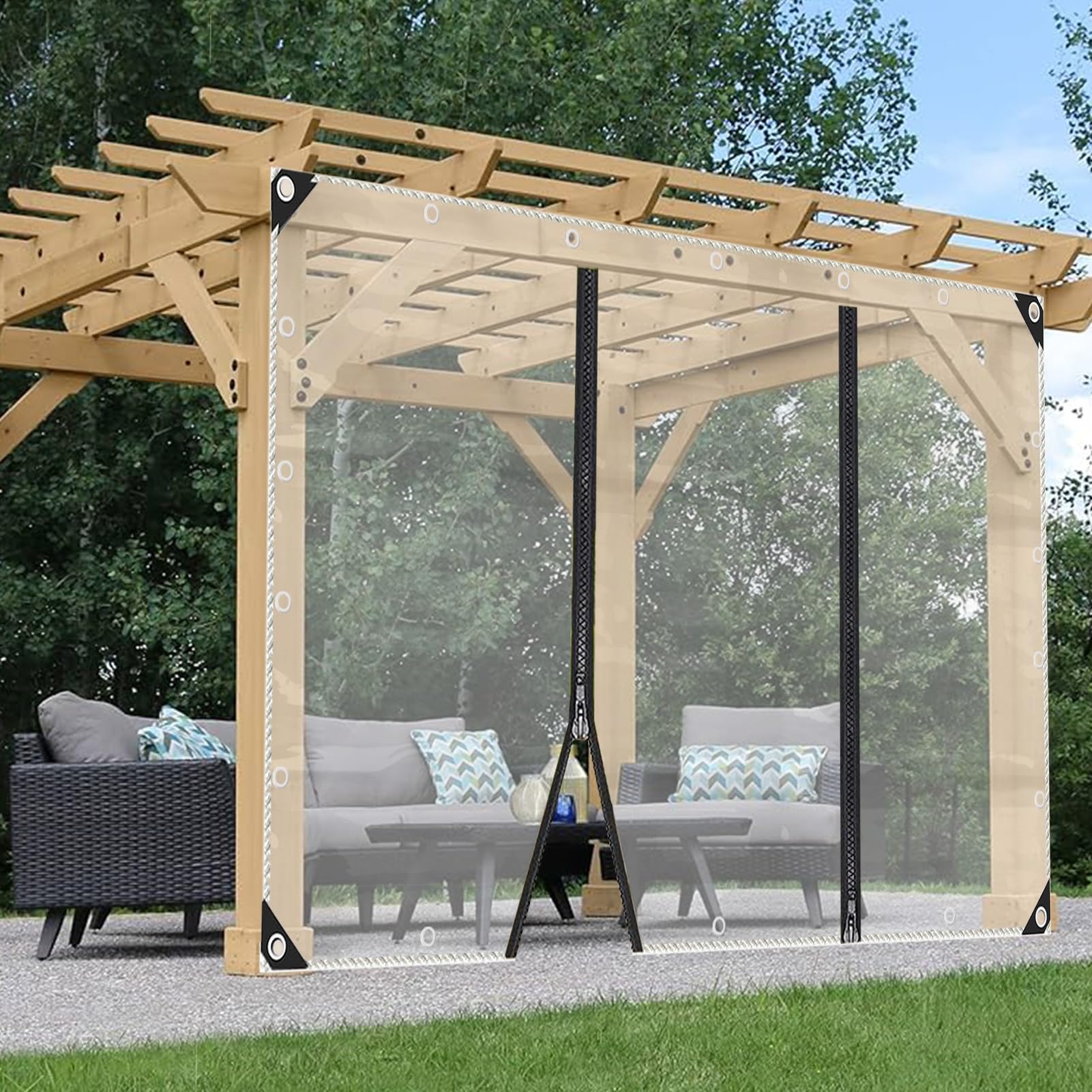 Clear Heavy Duty PVC Outdoor Curtains with Zip Door for Pergola Patio Gazebo Porch Transparent Side Panels 2.5x1.8m Weatherproof and Durable