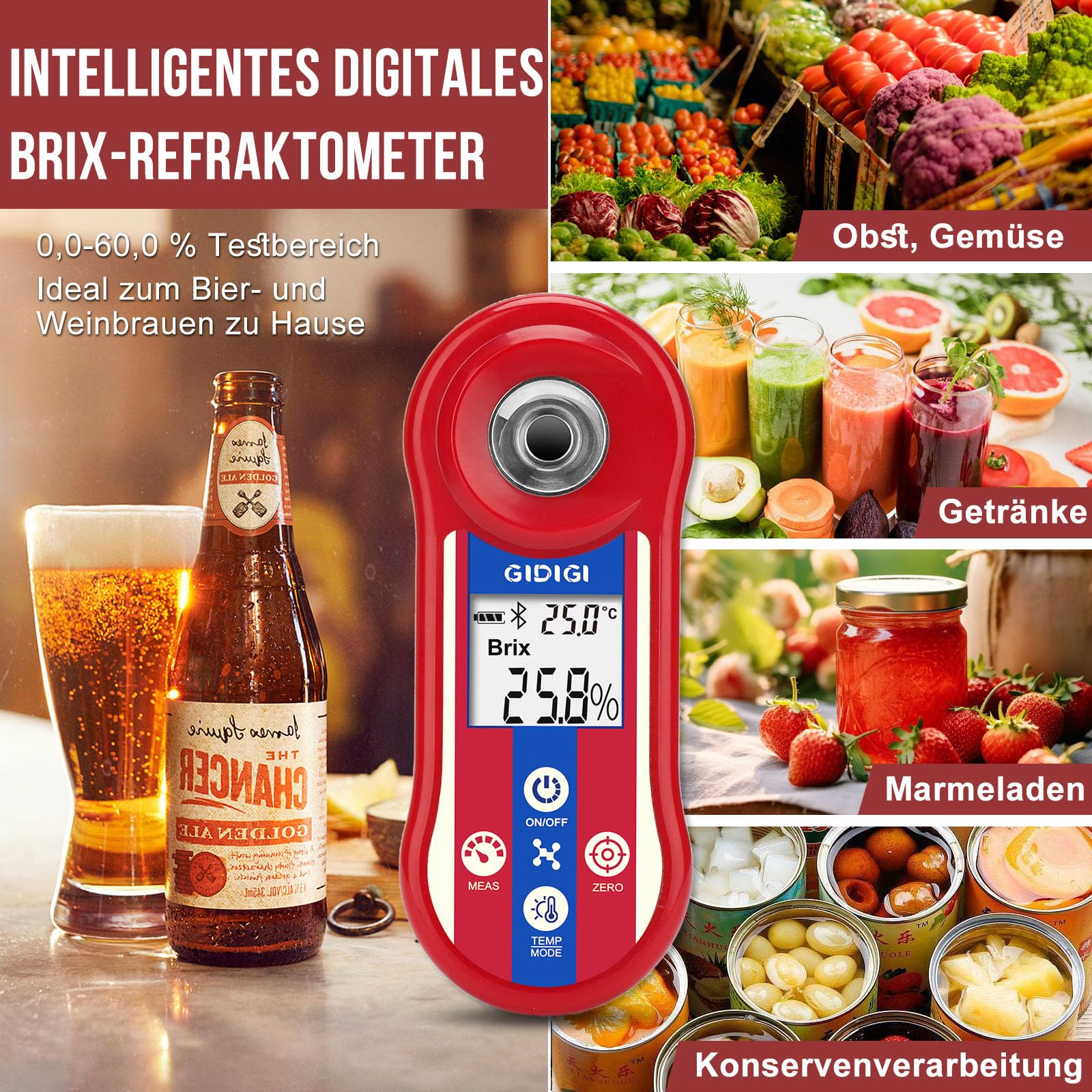 Brix-Refraktometer und Salzgehaltstester, intelligentes Zucker-Brix-Messgerät, Salzrefraktometer für Salzwasser mit ATC, Brix-Messbereich 0,0–60% für Obst, Wein und Bier