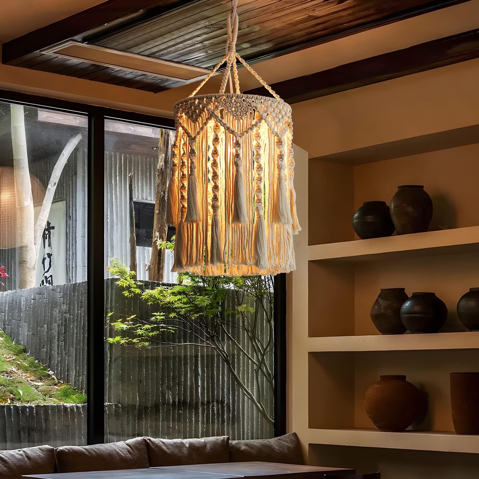 Lampadario Soggiorno Boho in Tessuto, Lampada a Sospensione E27 Lampadario Boho Intrecciato Fatto a Mano per Soggiorno, Camera da Letto, Lavabo Cucina 75 * 30cm