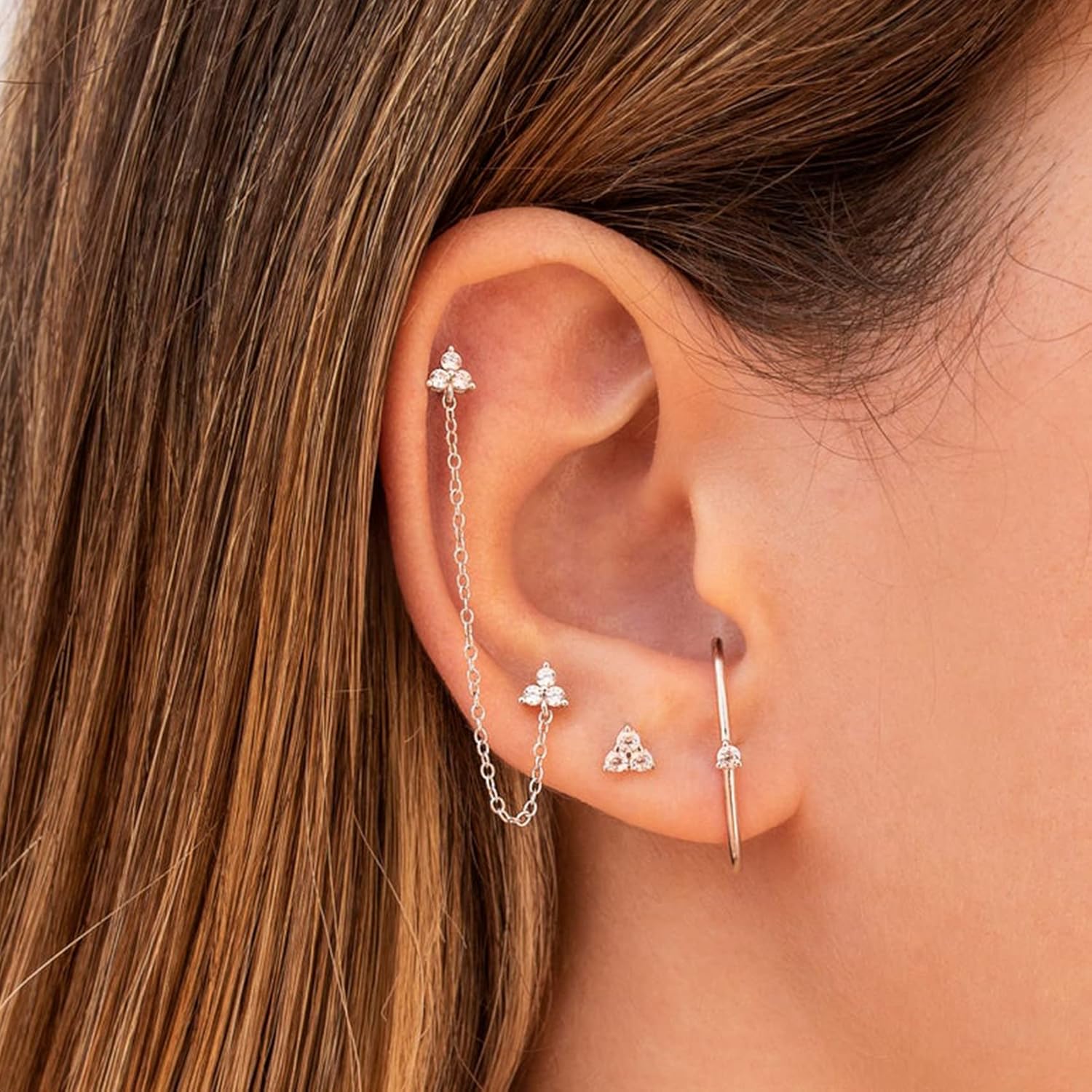 EPIRORA Sterling Silver Stud Earrings for Women- 3 Pairs Hypoallergenic White Gold Plated Small Cubic Zirconia Flower Cartilage Earring Set (3mm/4mm/5mm) - Image 3