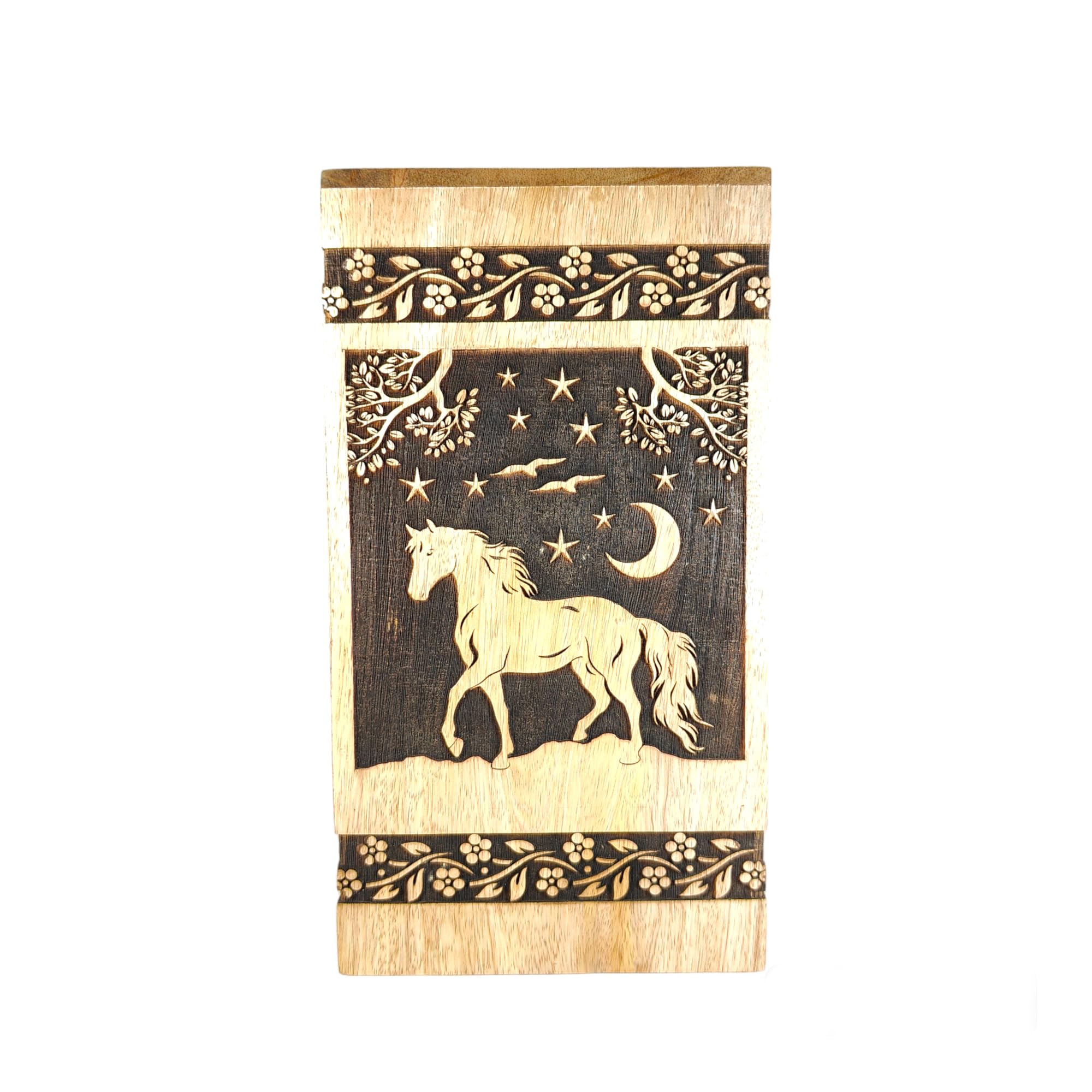 Generic Handcrafted Mango wood Personalized Cremation Urn Horse Design with Floral Border Wooden Urn Box for Human Funeral Ashes (11 x 6 x 6 inches 250 lbs)