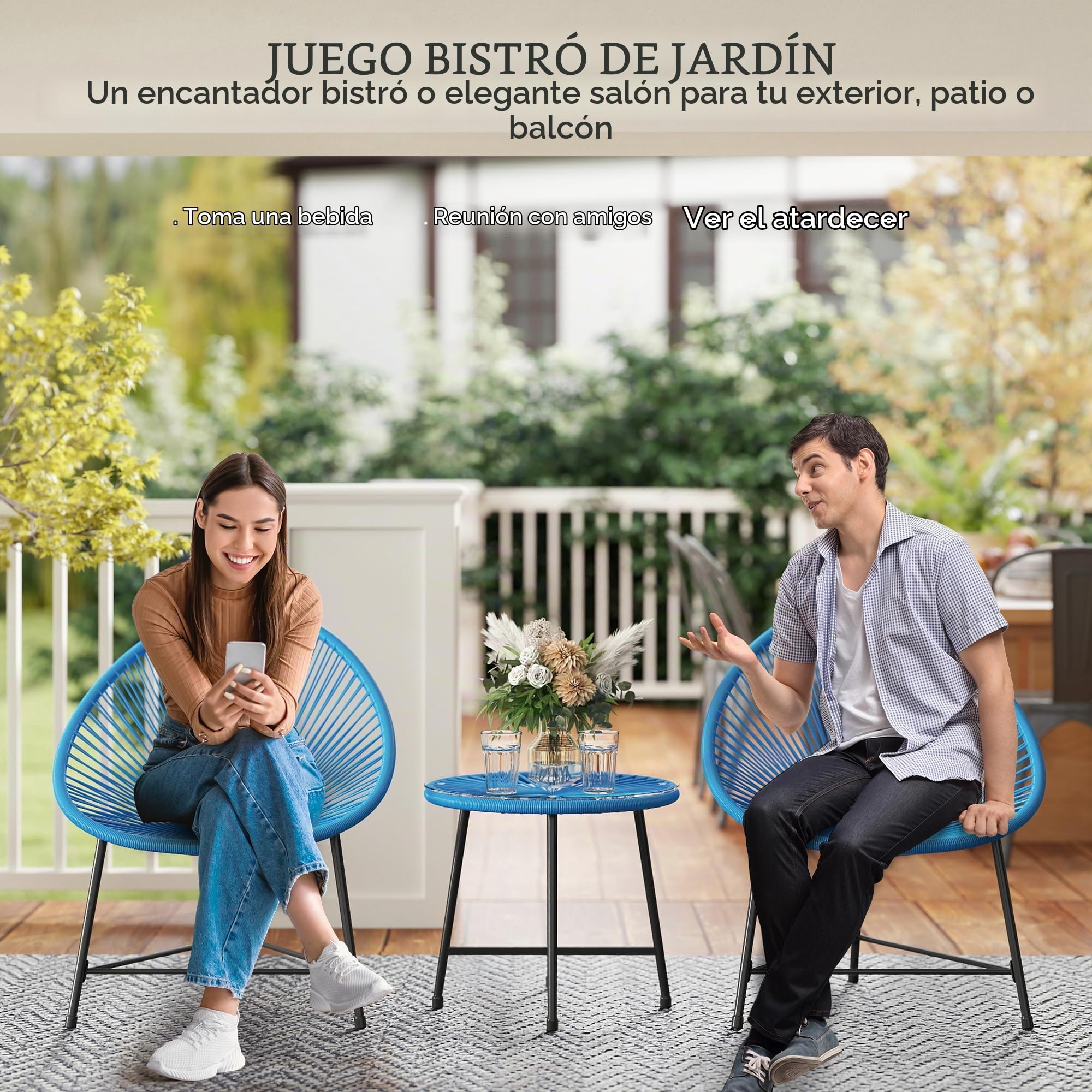 Outsunny Set de Exterior Jardín Mimbre 2 plazas Azul | Mesa de exterior con 2 sillas, sobre de vidrio templado, muebles de jardín para balcón terraza patio