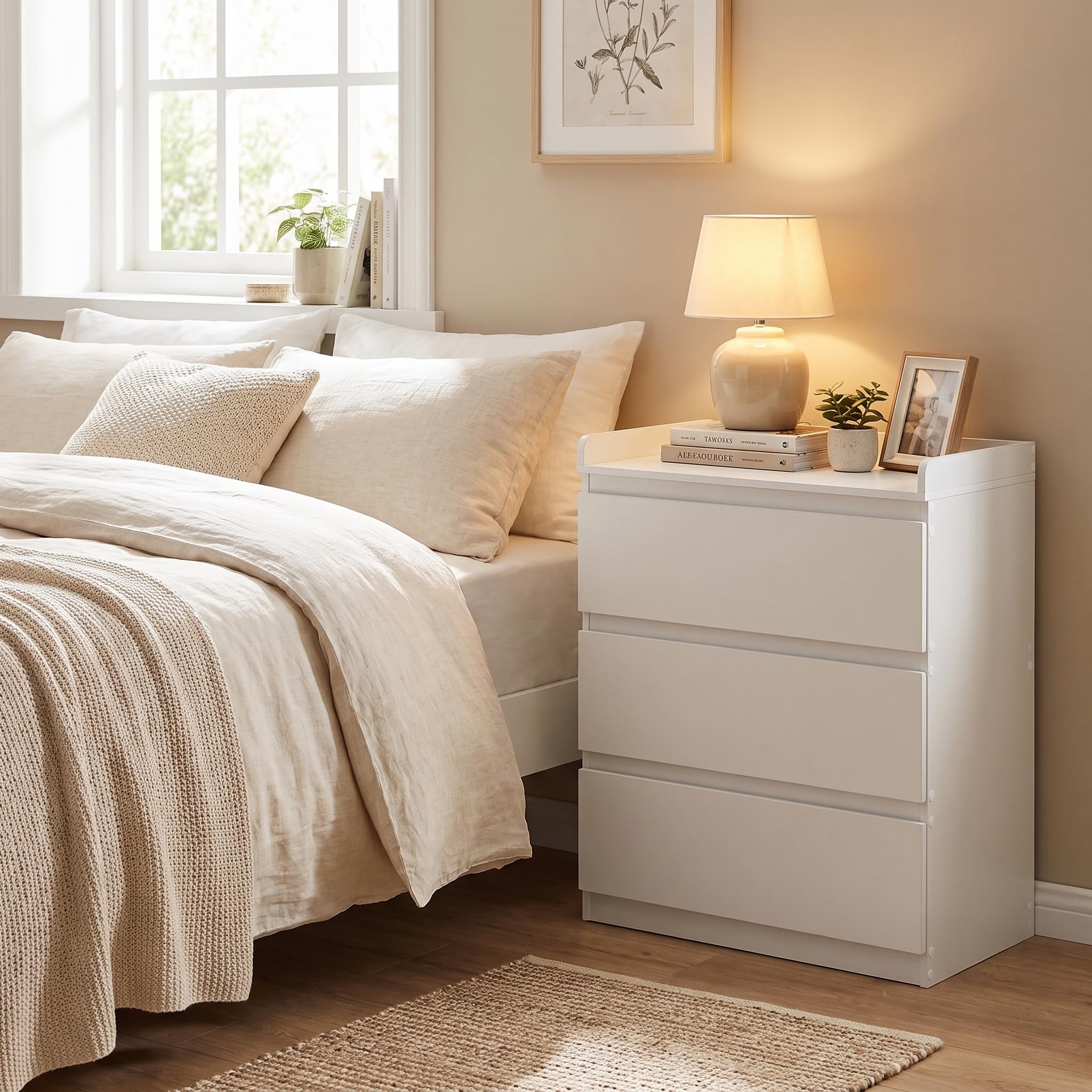 Cassettiera per fasciatoio con cassetti, bianco opaco, cassettiera con 3 cassetti e bordo di sicurezza da 5 cm, con protezione antiribaltamento, moderna cassettiera per la cameretta dei