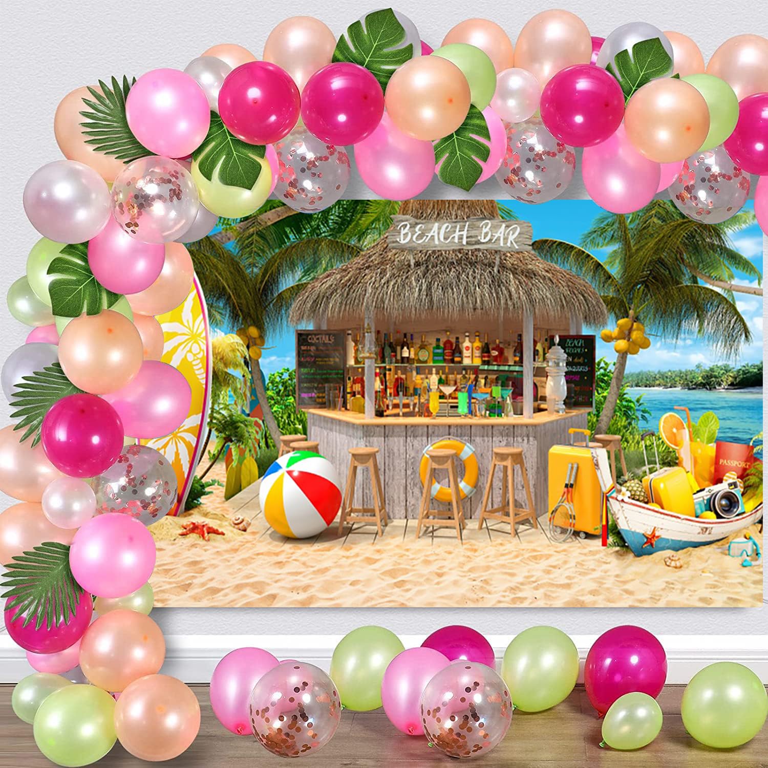 Sfondo Fotografico Spiaggia Hawaii 3x2.5m, Estate Tropicale Palme Spiaggia Bar Tavola da surf Luau Tiki Tema Fotografia Sfondo Hawaii Aloha Compleanno Festa Decorazione Banner Studio Puntelli