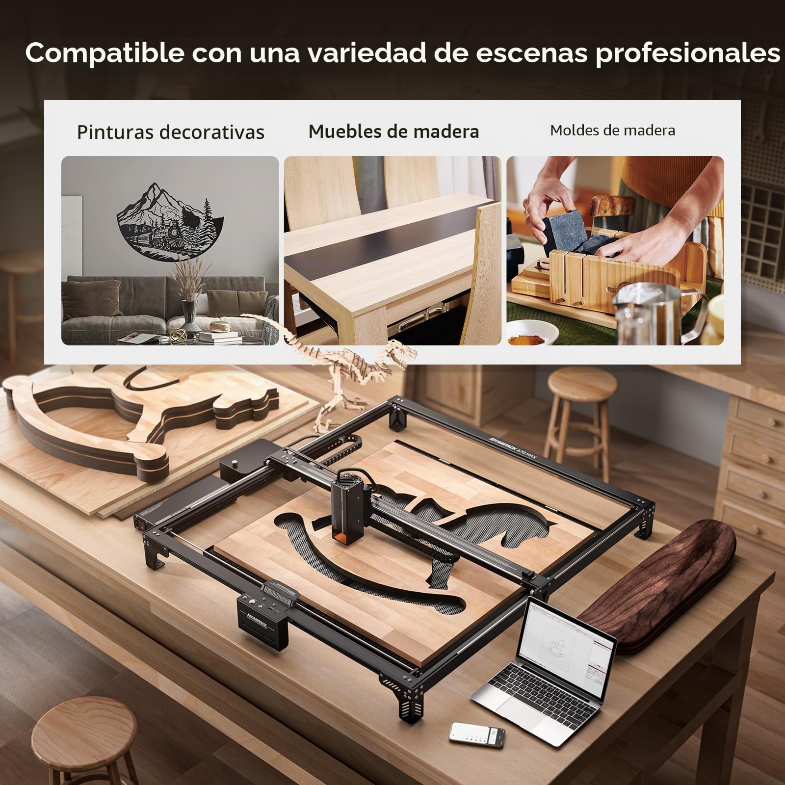 ATOMSTACK A70 Max Máquina de corte para grabado láser con soporte de aire inteligente, modo de 70 W/35 W, enfoque rápido, trabajo fuera de línea, máquina de grabado láser para madera, metal acrílico,