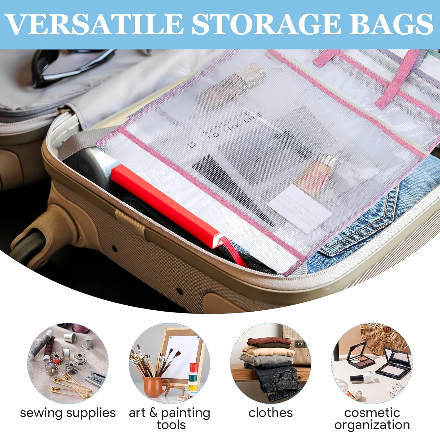 6Pcs Sew Project Bags for Quilting 16x16 in, Needlepoint Craft Organizer Storage Project Bags with Handle and Pocket Jumbo Sew Quilting Mesh for Quilters Knitting Stitching Crafter, Cool Colors