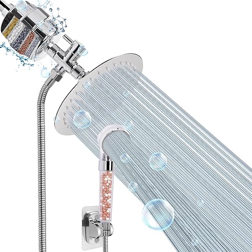 HarJue - Cabezal de ducha con filtro, alta presión de 8 pulgadas con filtro combinado para agua dura, elimina el cloro, el flúor y las sustancias