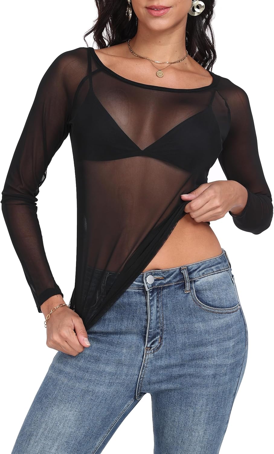 Womens Mesh Tops Long Sleeve Sheer Shirts Fitted Crewneck See Through Sexy Top Clubwear Party Club Night Blouses