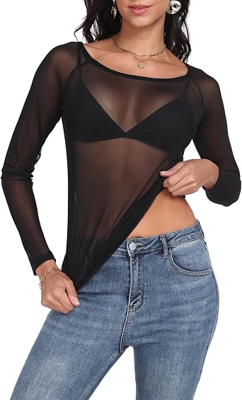 Womens Mesh Tops Long Sleeve Sheer Shirts Fitted Crewneck See Through Sexy Top Clubwear Party Club Night Blouses | Fitted Crewneck See Through Sexy Top Clubwear Party Club Night Outfits
