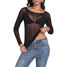 Womens Mesh Tops Long Sleeve Sheer Shirts Fitted Crewneck See Through Sexy Top Clubwear Party Club Night Blouses