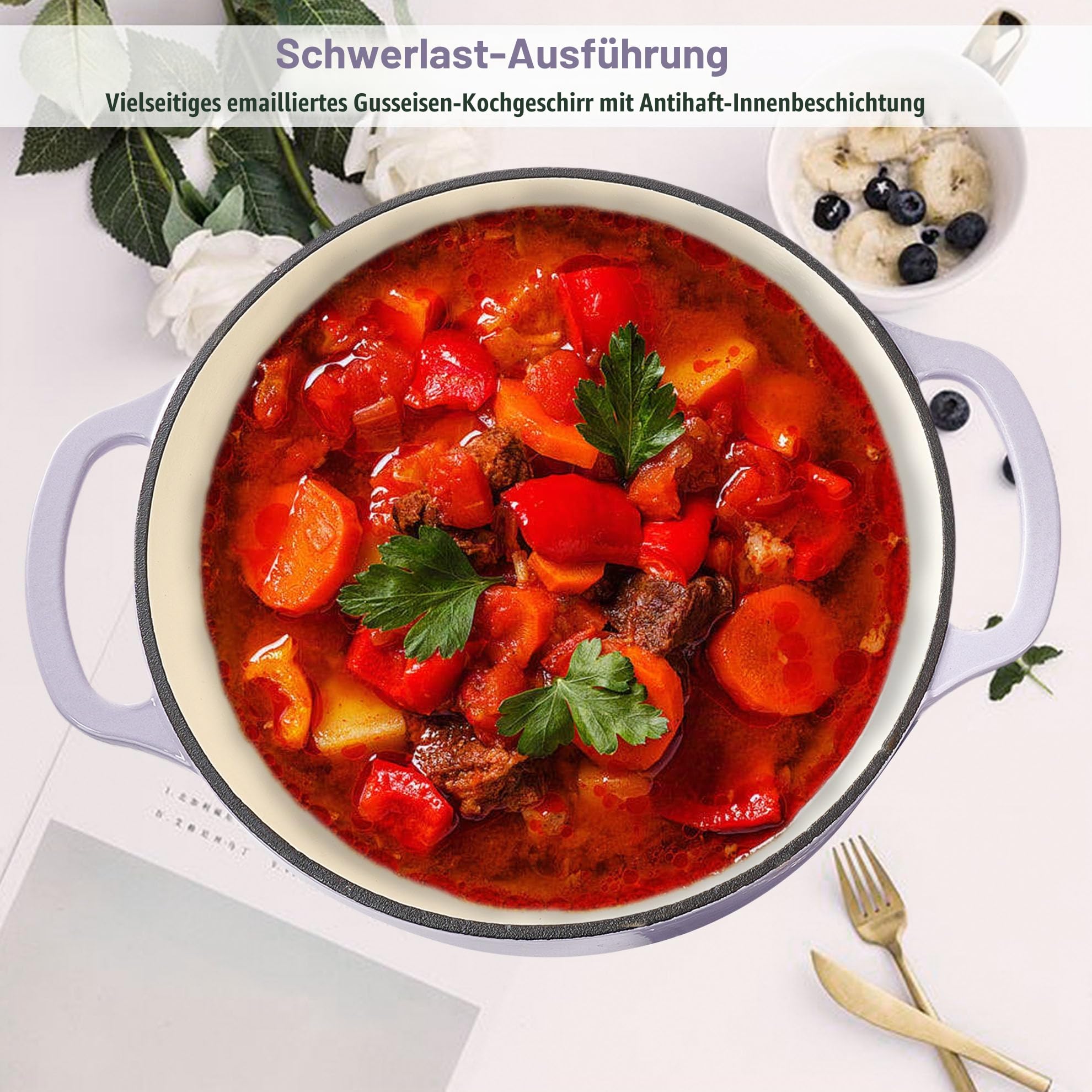 Vivicreate Schmortopf aus emailliertem Gusseisen, 6 Quart Dutch Oven Topf mit Deckel, robuster Dutch Oven zum Brotbacken, Schmoren, Eintöpfe, Braten, ofenfest bis 260 °C, Doppelgriffe, Violett
