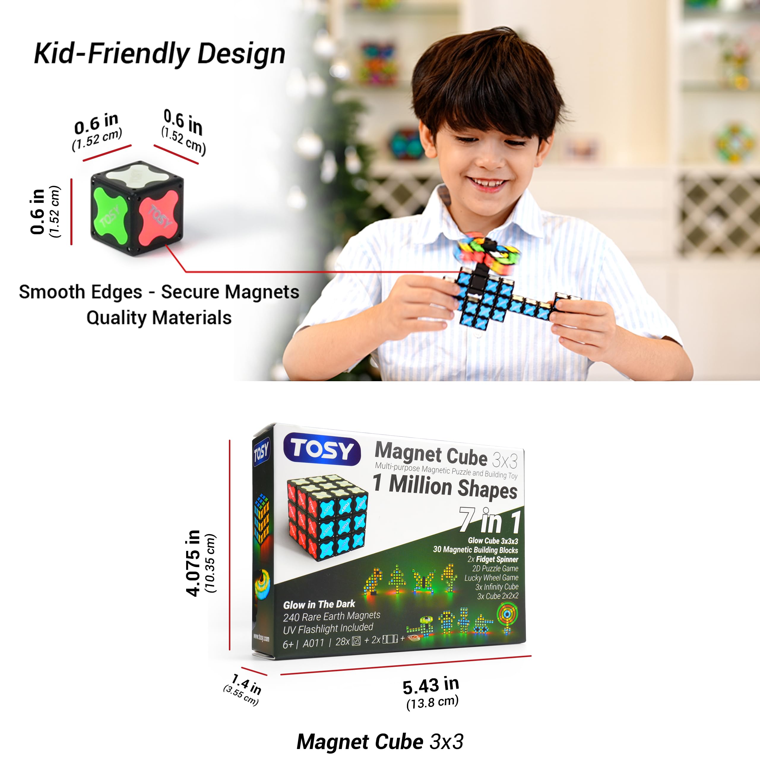 TOSY Magnet Cube 3x3 – 240 Magnete, 30 Bausteine, 7-in-1: Puzzlewürfel, kreative Bausteine, verwandelbarer Fidget-Spinner, Infinity-Würfel, UV-Taschenlampe, leuchtendes STEM/STEAM-Spielzeug