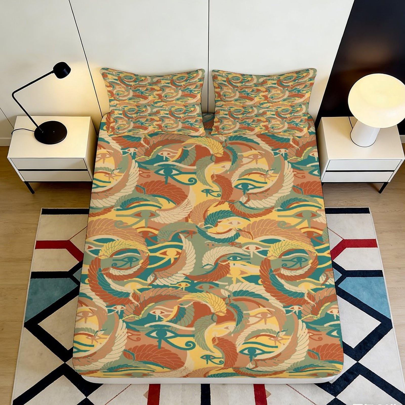 3D Printed Abstract Swirl Fitted Sheet Microfiber Orange Blue Retro Mattress Cover for Bedroom Guest Room Decor 90x200x25cm