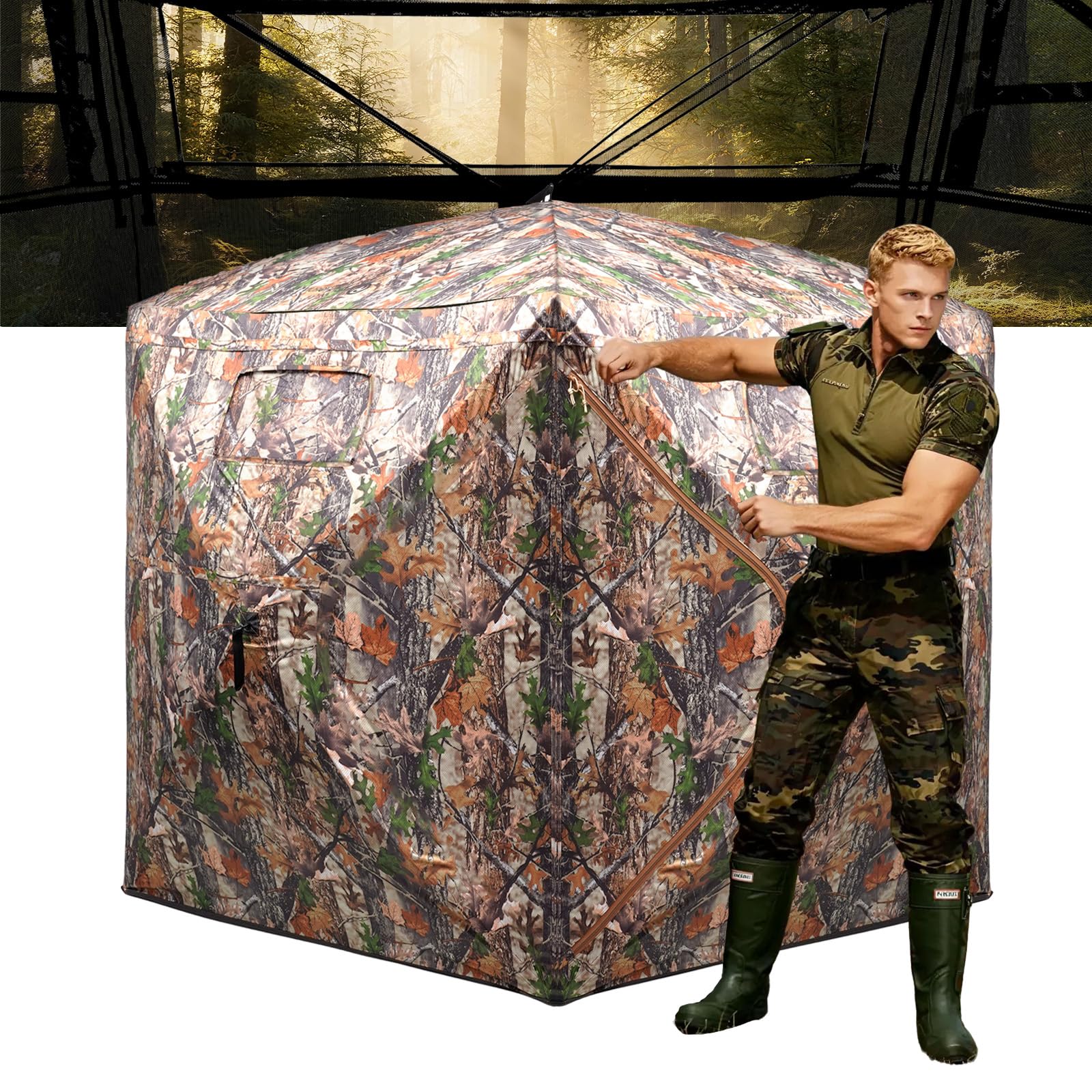 Hunting Blind 270/360 Degree See Through Ground Blind 2/3 Person Soft Material Pop-Up Camouflage Tent Easy-Fold Portable Concealed Shelter with Carrying Bag