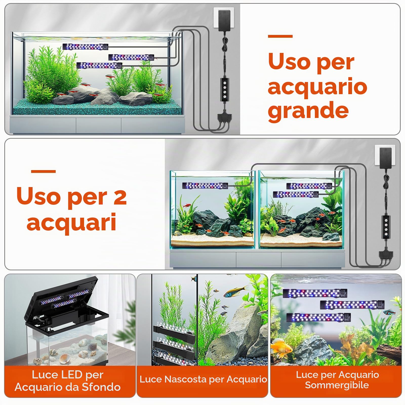 hygger Three Canali Luce LED Sommergibile per Acquario, 18W Illuminazione per Acquario, LED Aquarium Llight con 3 File di Perline, 7 Colori, Luminosità Regolabile for 60-180L Aquariums(3)