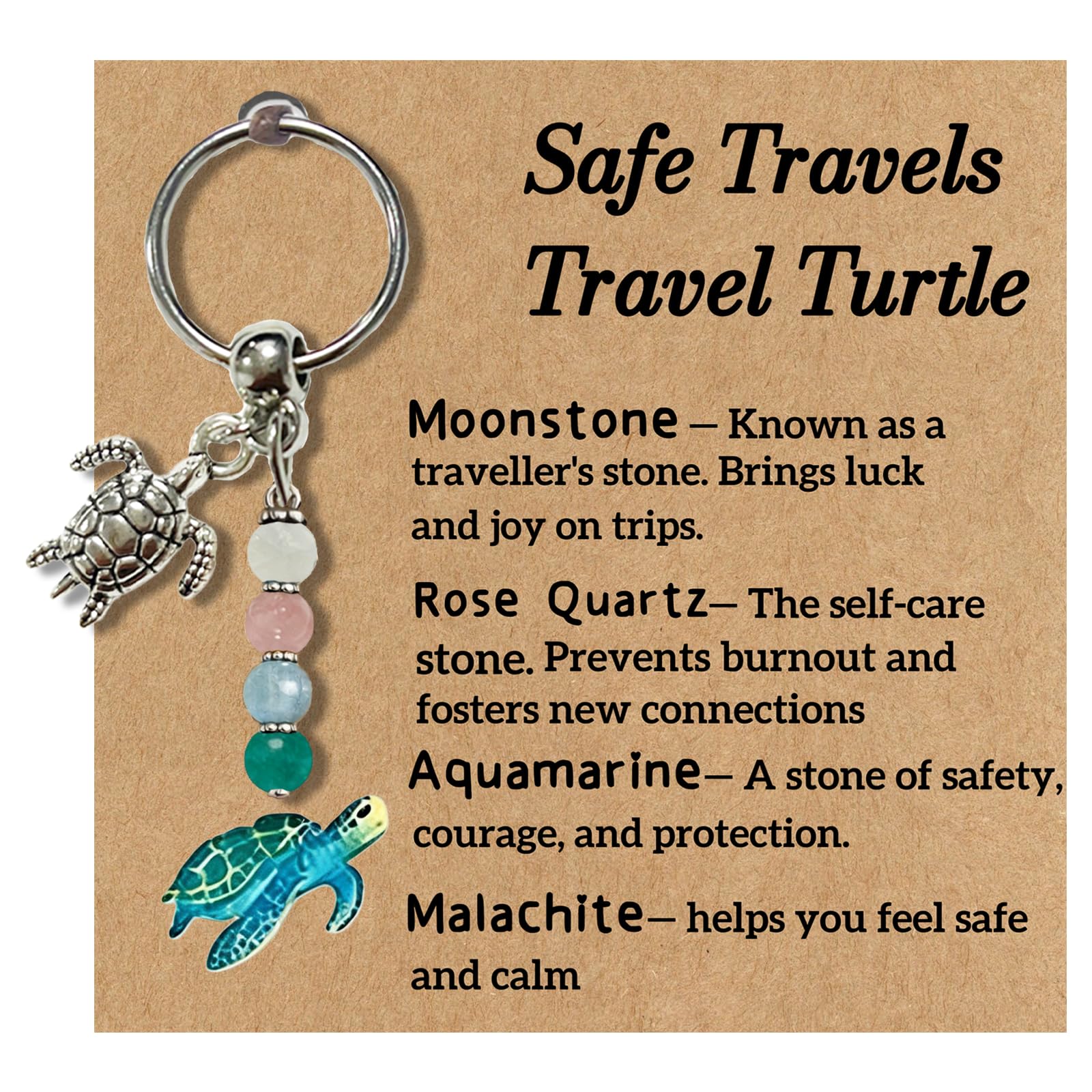Aikobaa Unisex Grey Round Healing Crystal Keychain – Travel Gifts For Women With Moonstone, Rose Quartz, Aquamarine & Malachite For Protection, Calm & Good Luck