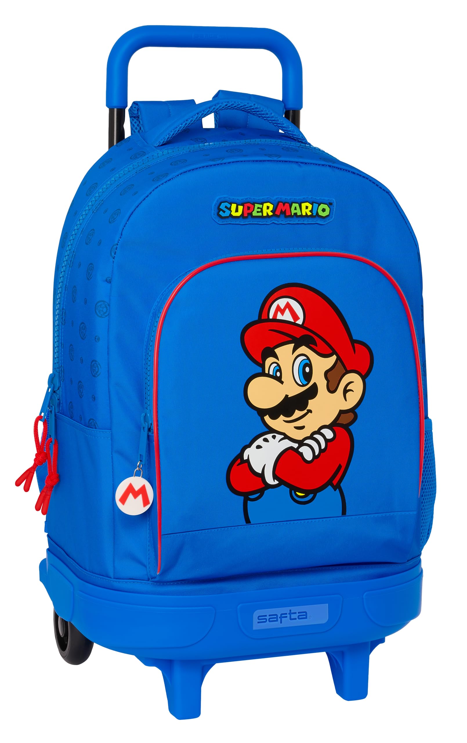 Safta Super Mario Play - Mochila Grande con Ruedas, Compacta, Extraíble, Ideal para Niños de Diferentes Edades, Cómoda y Versátil, Calidad y Resistencia, 33x22x45 cm, Color Azul/Rojo