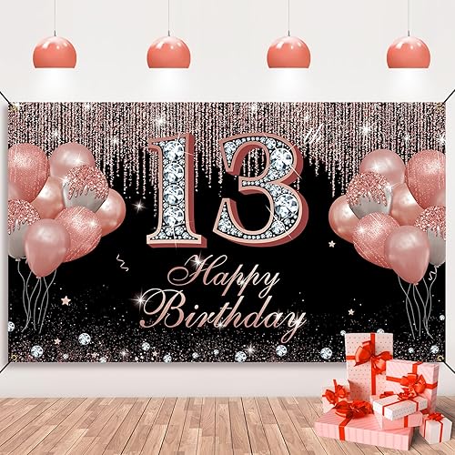 Decoraciones de feliz cumpleaños número 13 para niñas, color oro rosa, pancarta de fondo de cumpleaños de 13 años, letrero de fiesta de cumpleaños