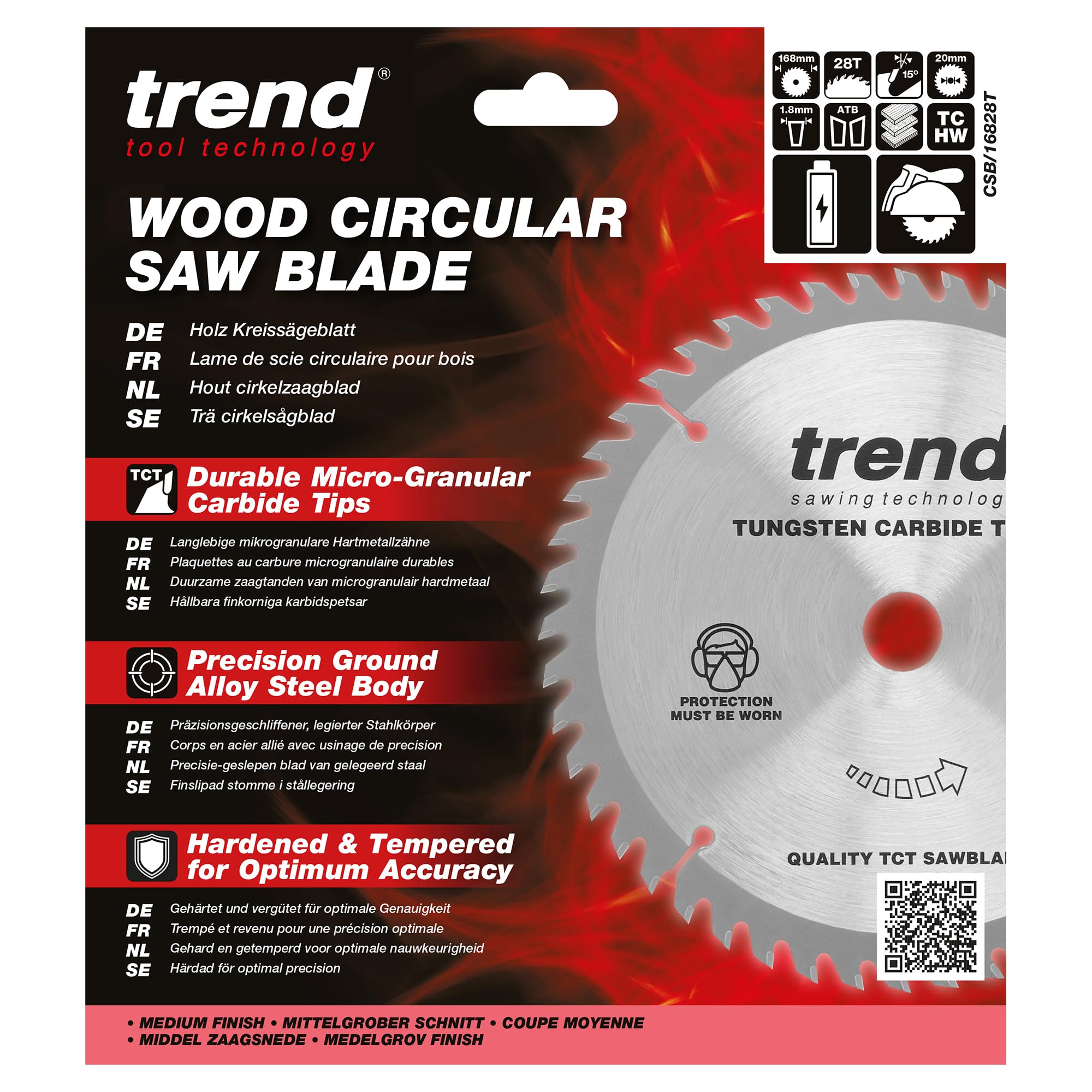Trend Lame de scie circulaire sans fil Wood, diamètre 168 mm, alésage 20 mm, 28 dents, trait de scie 1,8 mm, crochet +15°, TCT, finition moyenne, CSB/16828T
