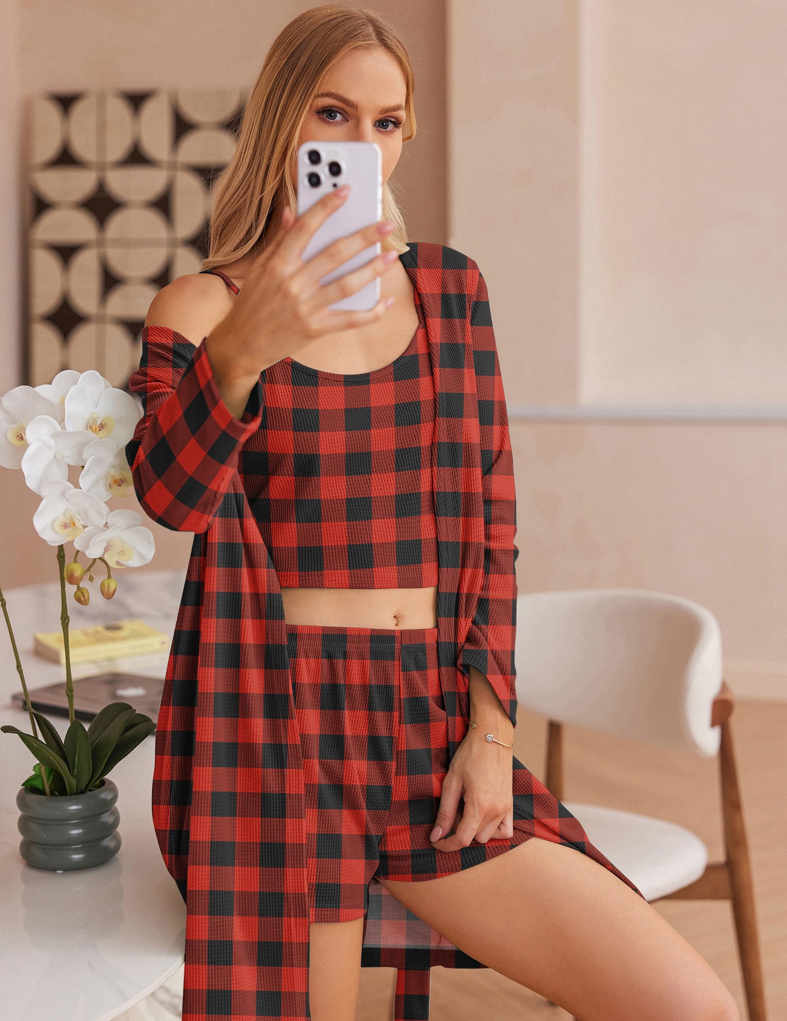 Ekouaer Pajamas for Women Set 3 Piece Lounge Set Soft Pajama Sets Waffle Knit Tank Top and Shorts Cardigan with Pockets S-XXL: XX-Large Black and Red Plaid