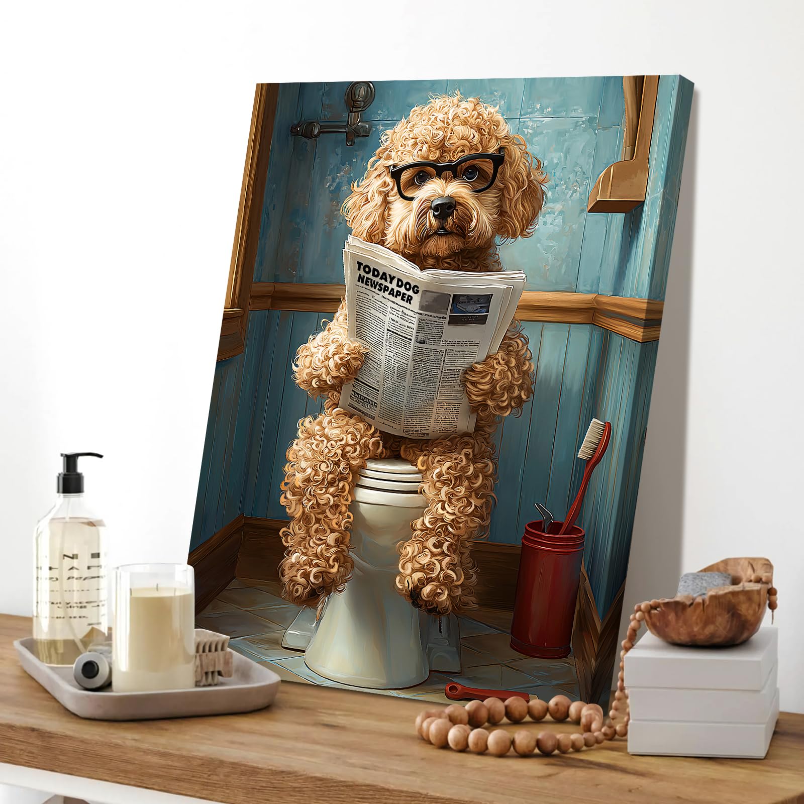 Funny Bathroom Canvas Wall Art Brown Poodle On Toilet Readin -5 Funny Bathroom Canvas Wall Art Brown Poodle On Toilet Readin -5