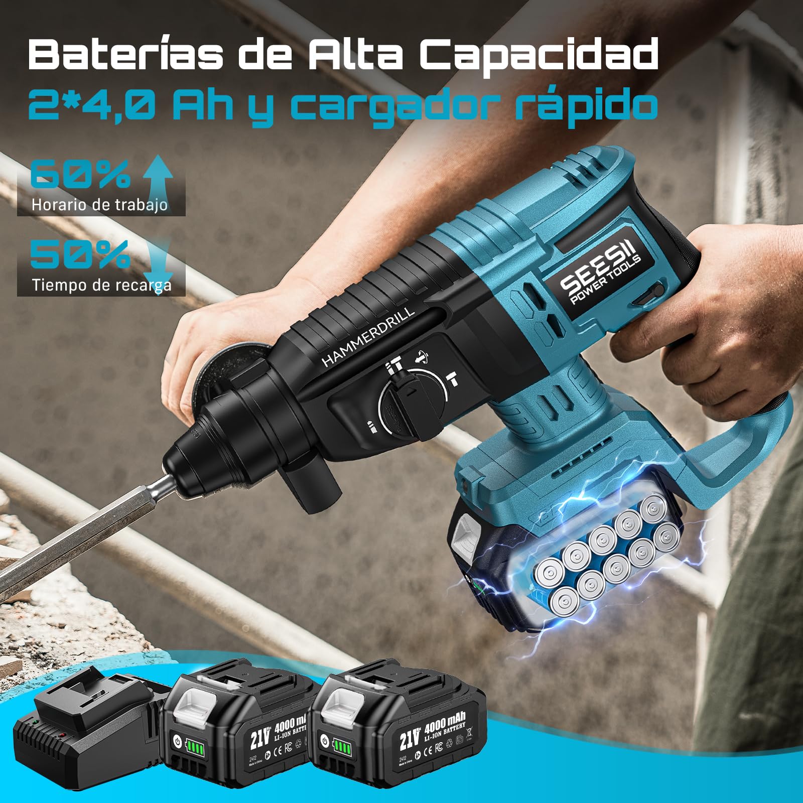 Seesii 3-in-1 Martillo Perforador a Baterías: 2,5J Potente Martillo Percutor sin cable con Motor sin escobillas, 2 * 4,0AH Baterías y Cargador, 5 piezas SDS-plus, Mango Antivibración, Para Bricolaje