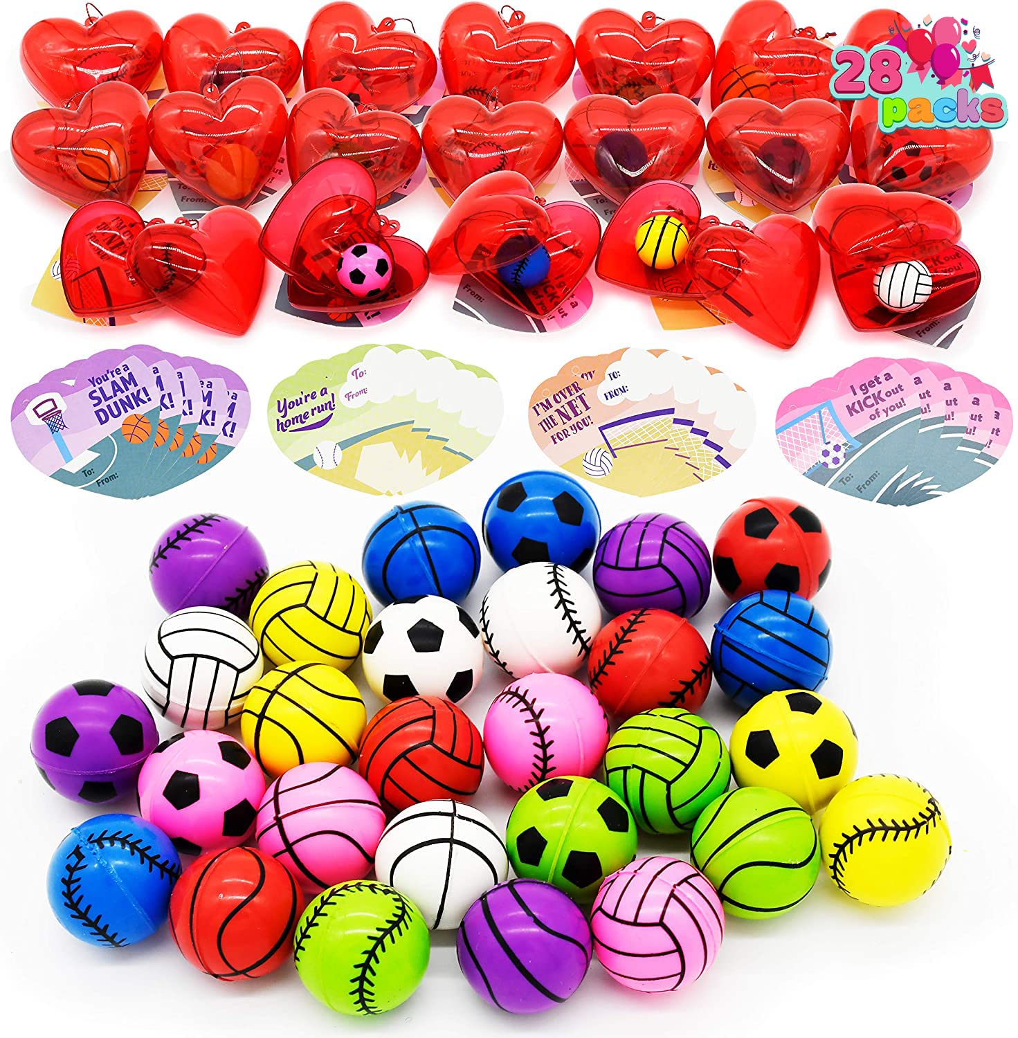 JOYIN 28 Packs Kids Valentine Dary Prefilled Hearts with Sports Bouncy Ball and Valentine Cards for Kids Valentine Classroom Exchange, Kids Bouncy Balls for Class Exchange Game Prize