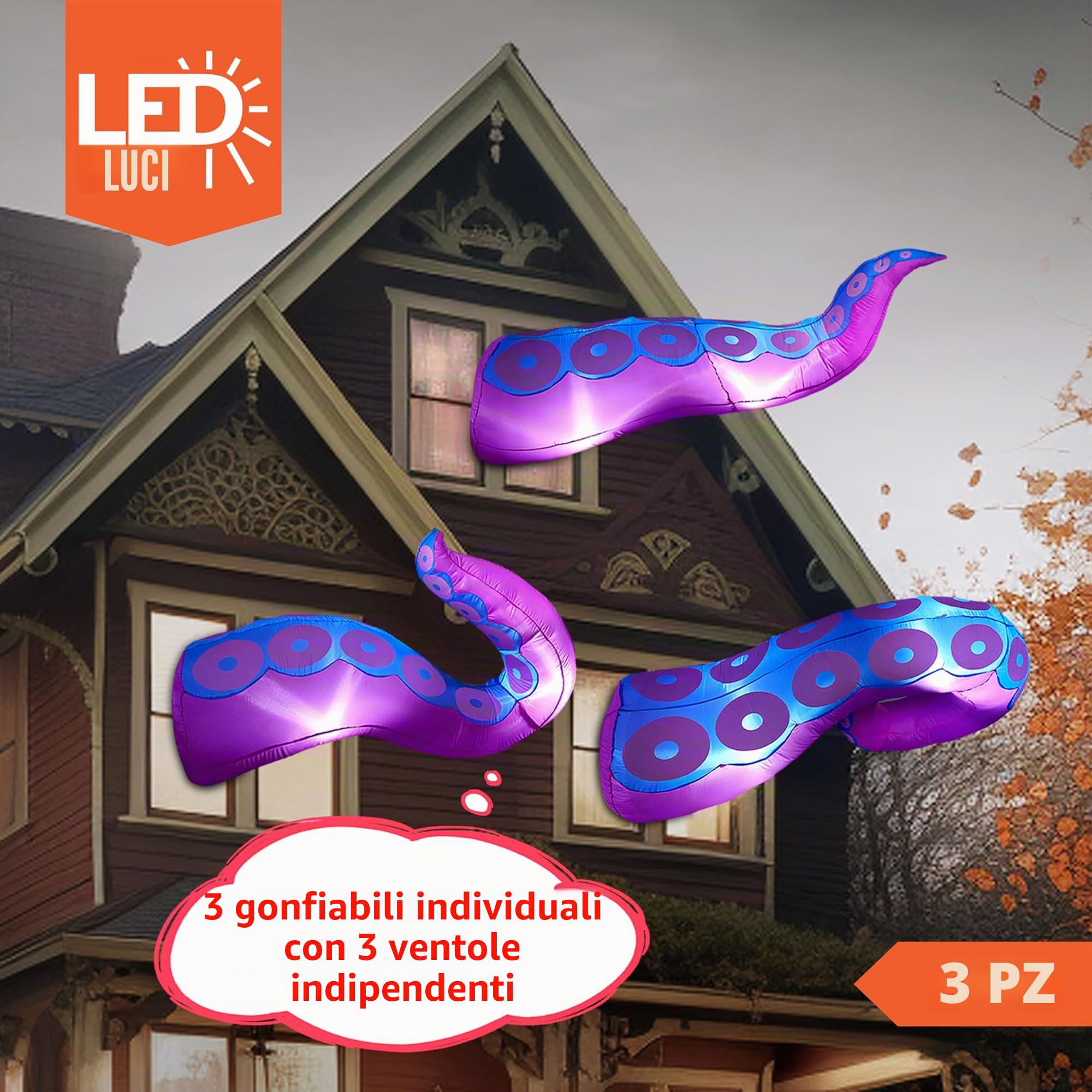 Joiedomi 3 Pezzi Tentacolo di Polpo Gigante Gonfiabile di Halloween con LED Incorporati Scoppiò dalla Finestra, Gonfiabile per la Decorazione della Finestra di Halloween